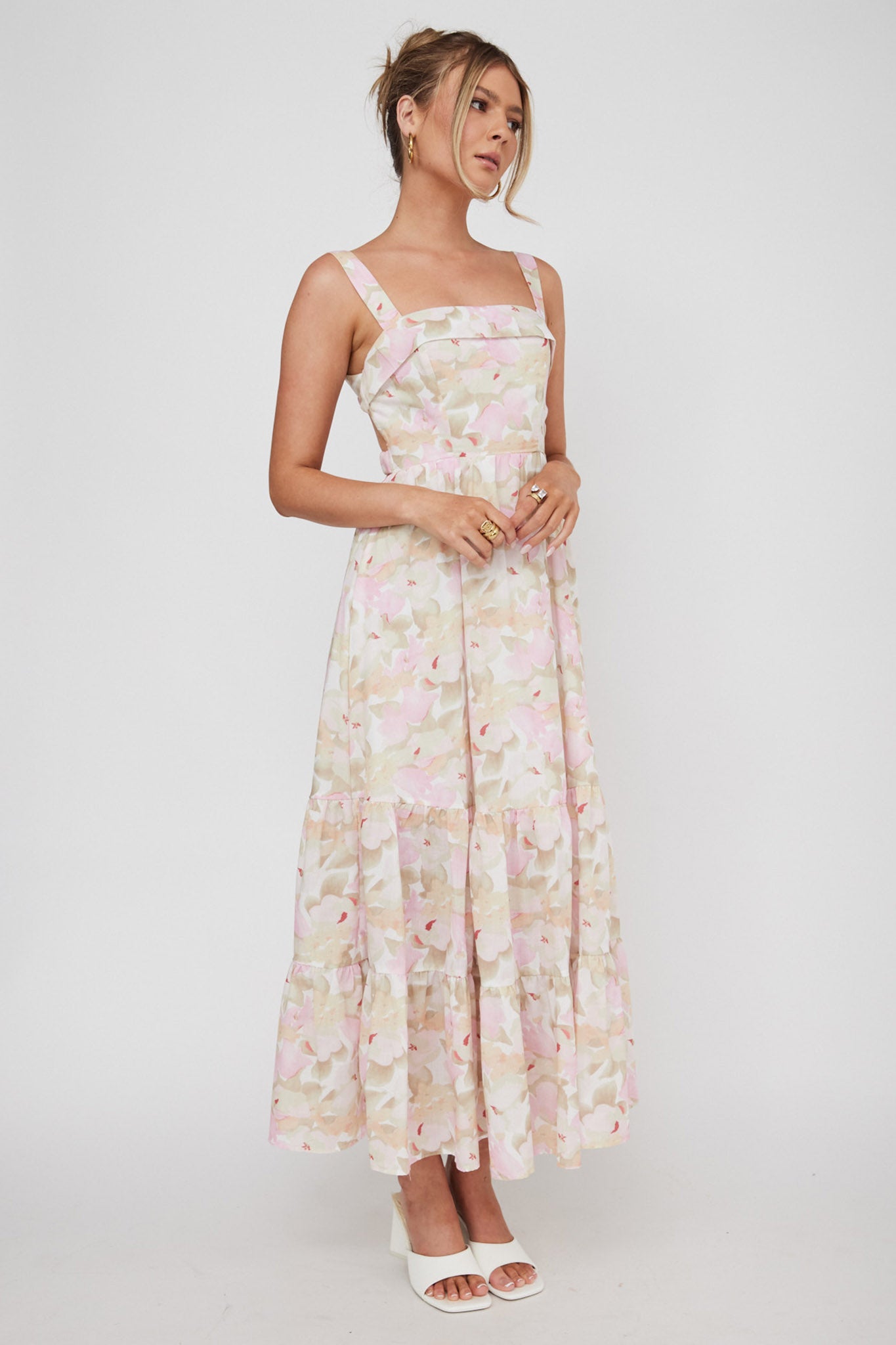 Lisseth Foldover Neckline Midi Dress Floral Pink-Maymioy