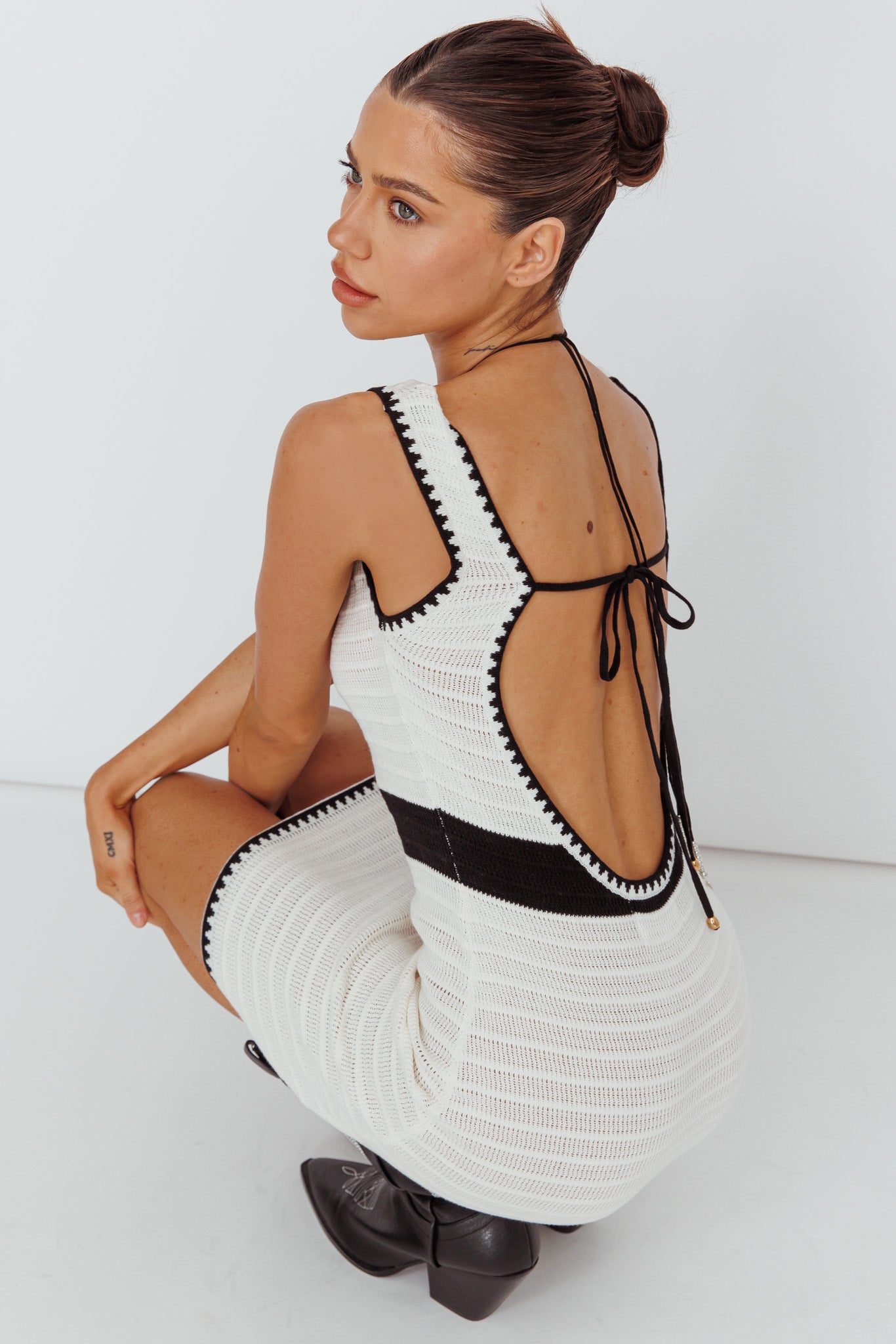 Mica Low Back Crochet Mini Dress Off White-Maymioy