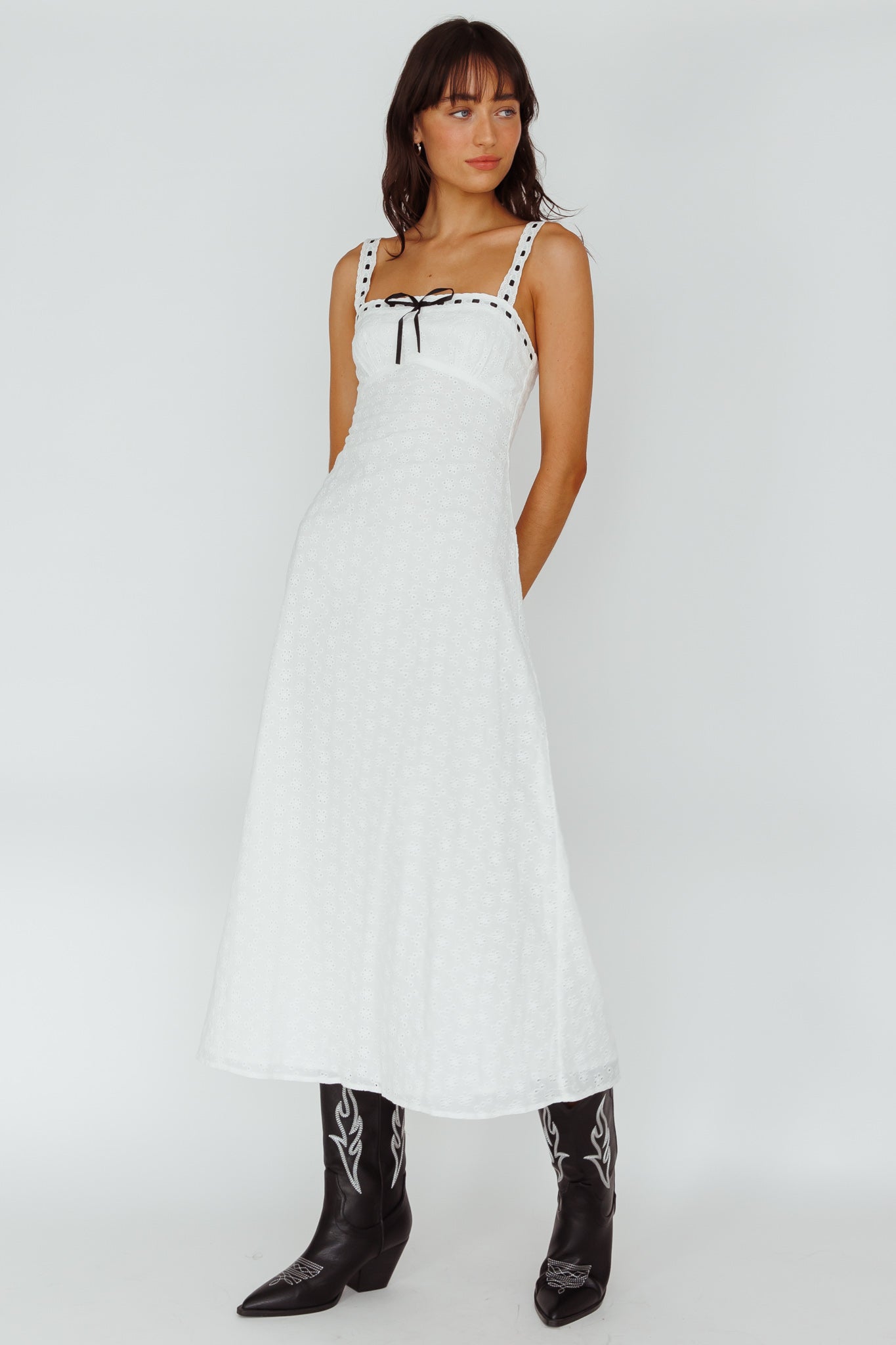Sunbeam Eyelet Embroidery Bow Midi Dress White-Maymioy