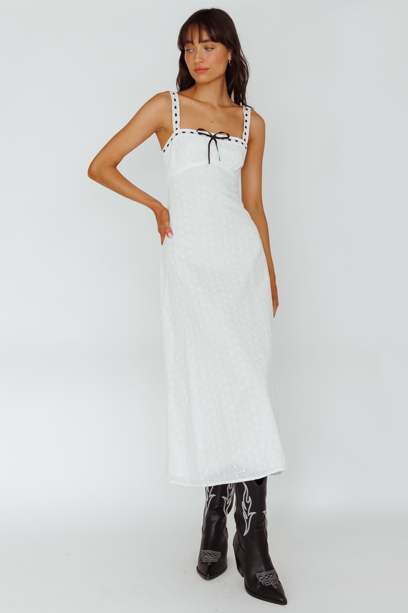 Sunbeam Eyelet Embroidery Bow Midi Dress White-Maymioy