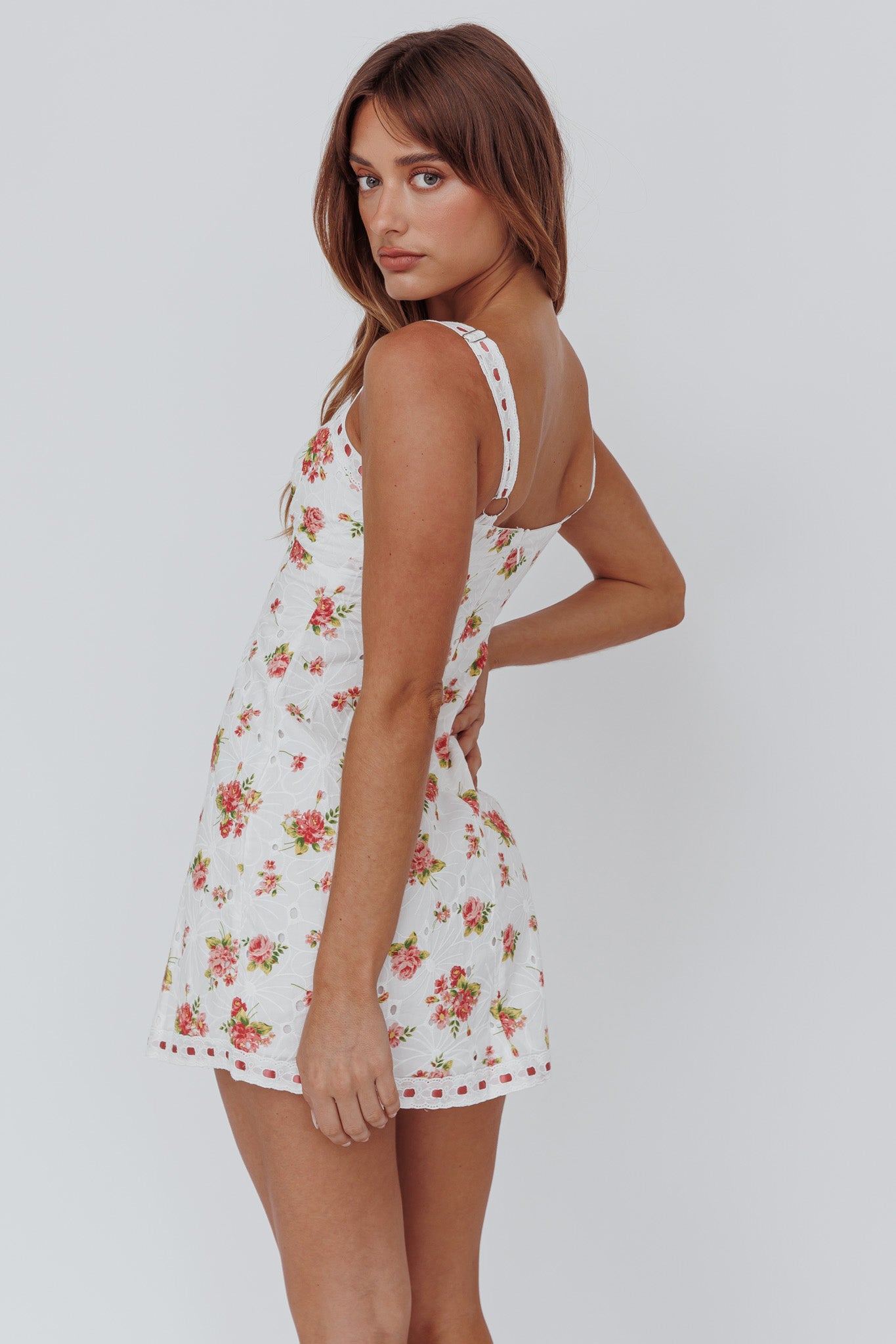 Sunbeam Eyelet Embroidery Bow Mini Dress Floral Pink-Maymioy