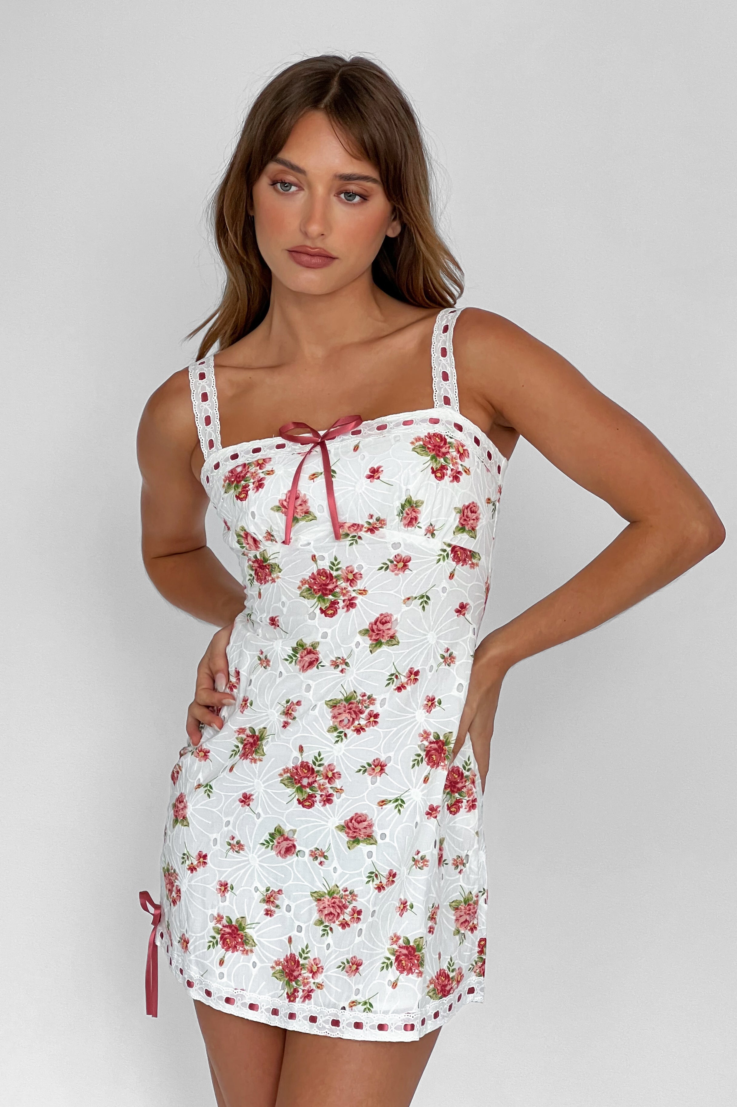 Sunbeam Eyelet Embroidery Bow Mini Dress Floral Pink-Maymioy