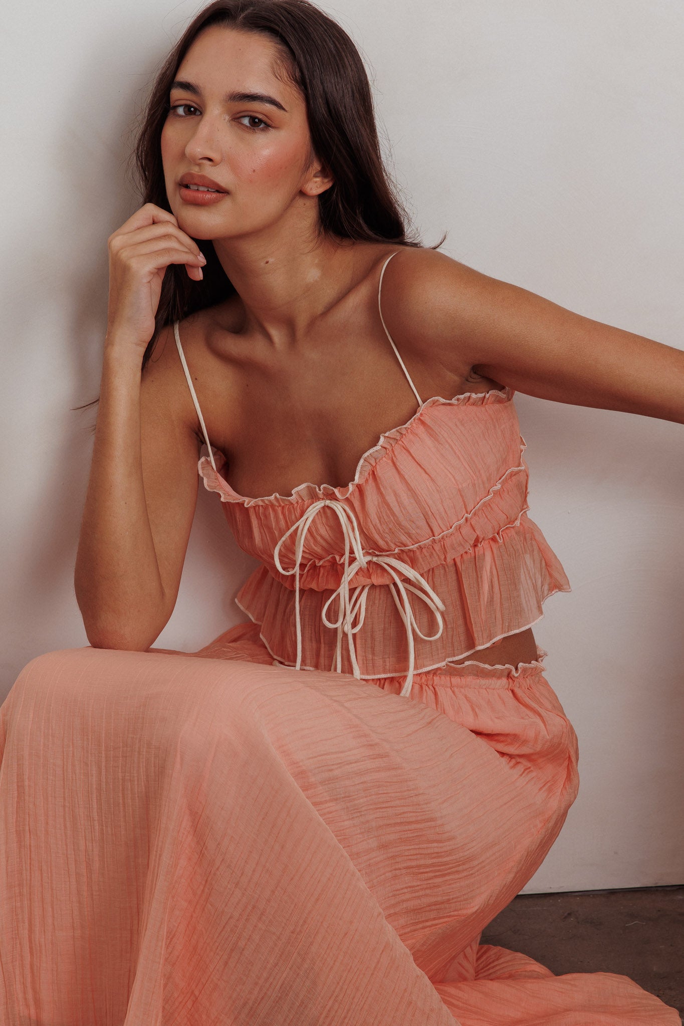 Maidens Tie Detail Overlock Top Apricot-Maymioy