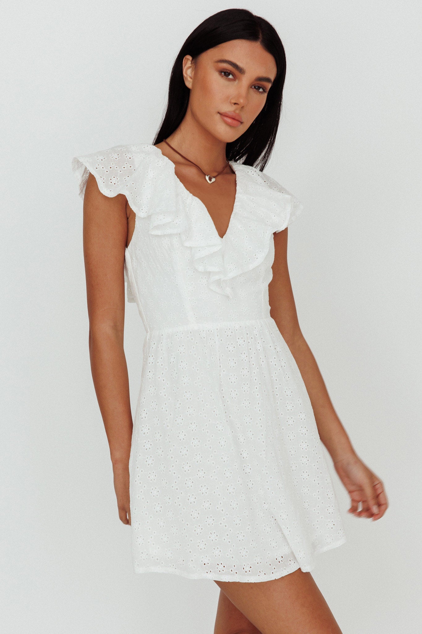 Kiarah Eyelet Ruffle Mini Dress White-Maymioy