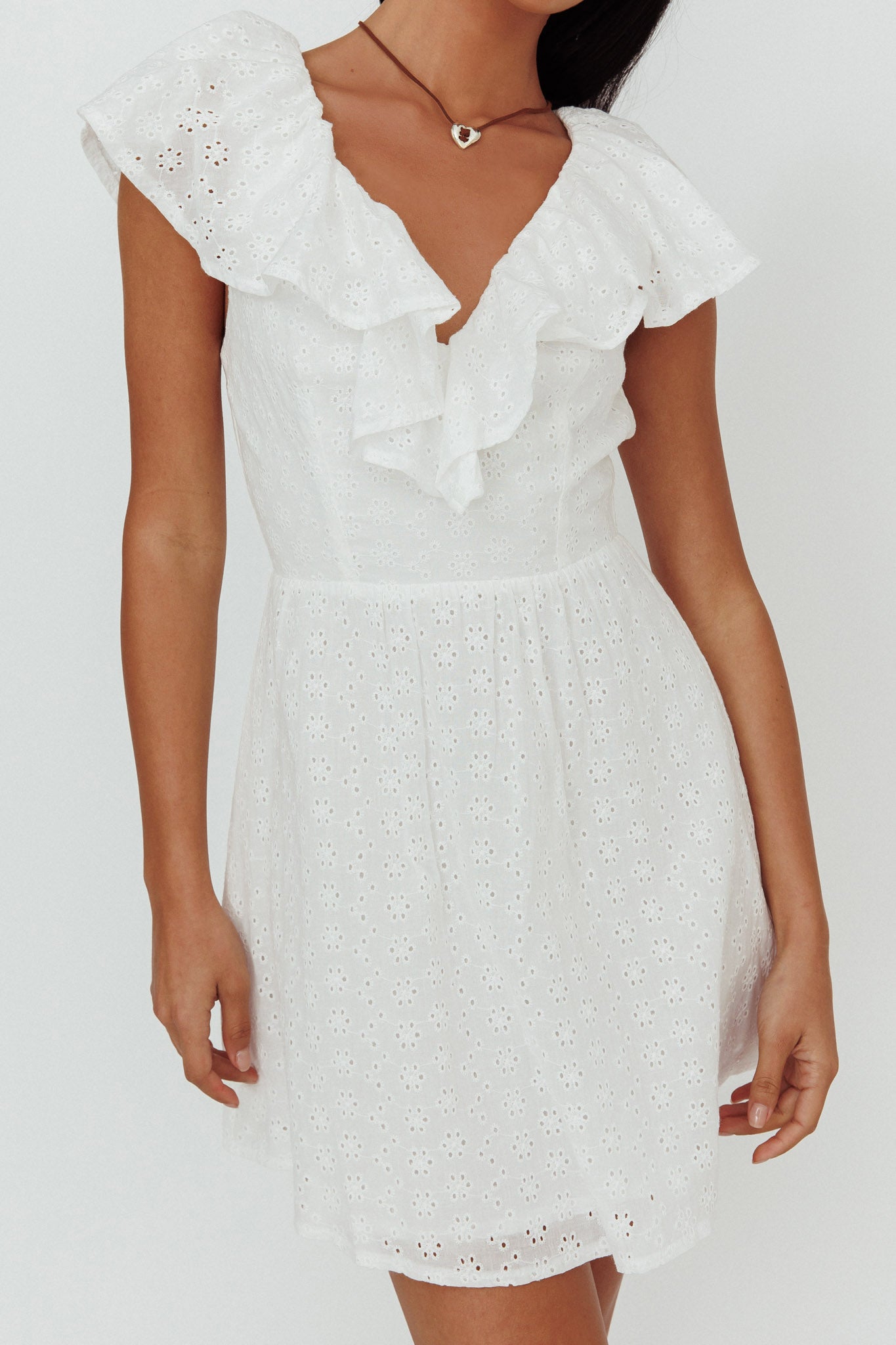 Kiarah Eyelet Ruffle Mini Dress White-Maymioy