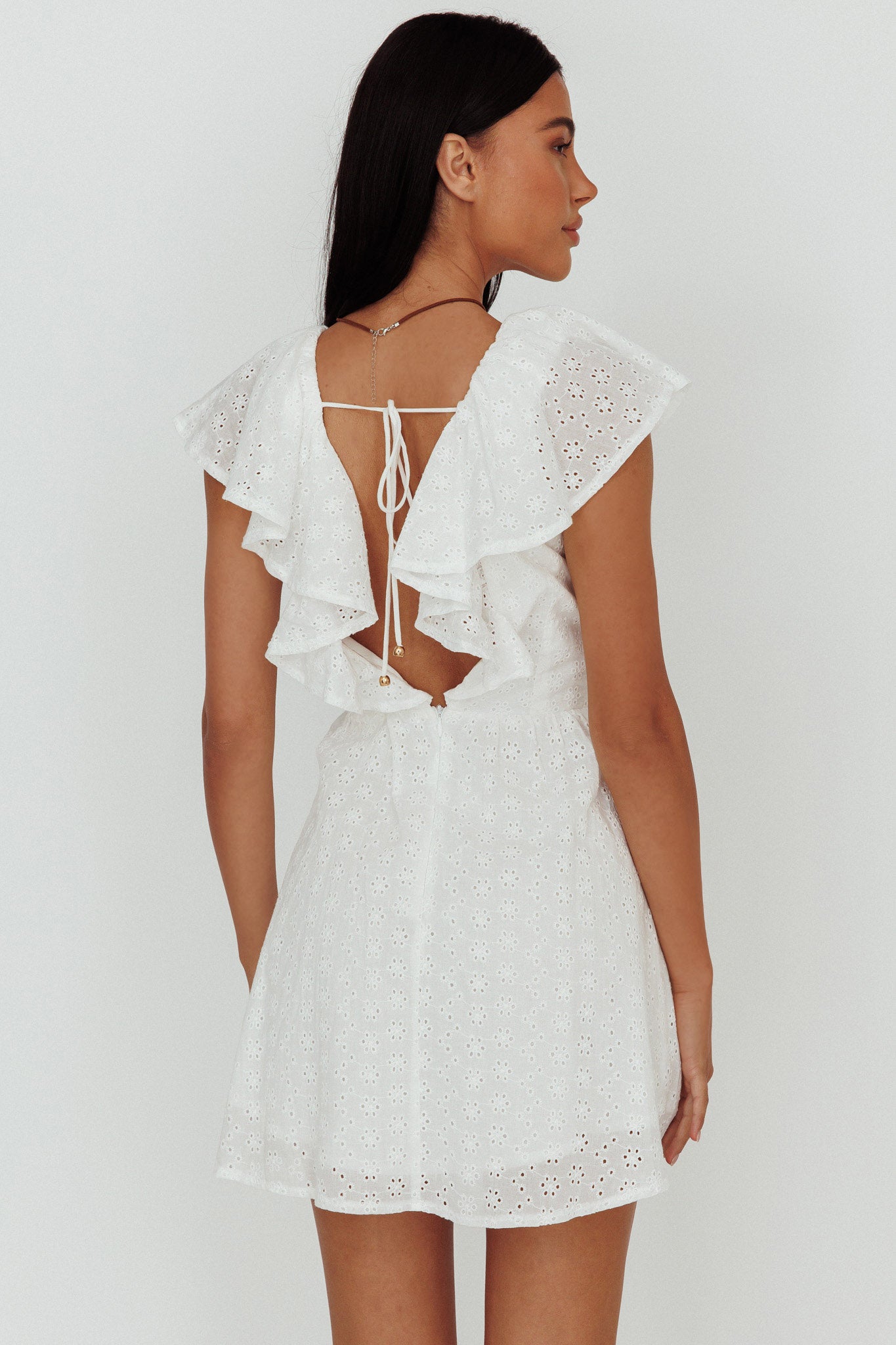 Kiarah Eyelet Ruffle Mini Dress White-Maymioy