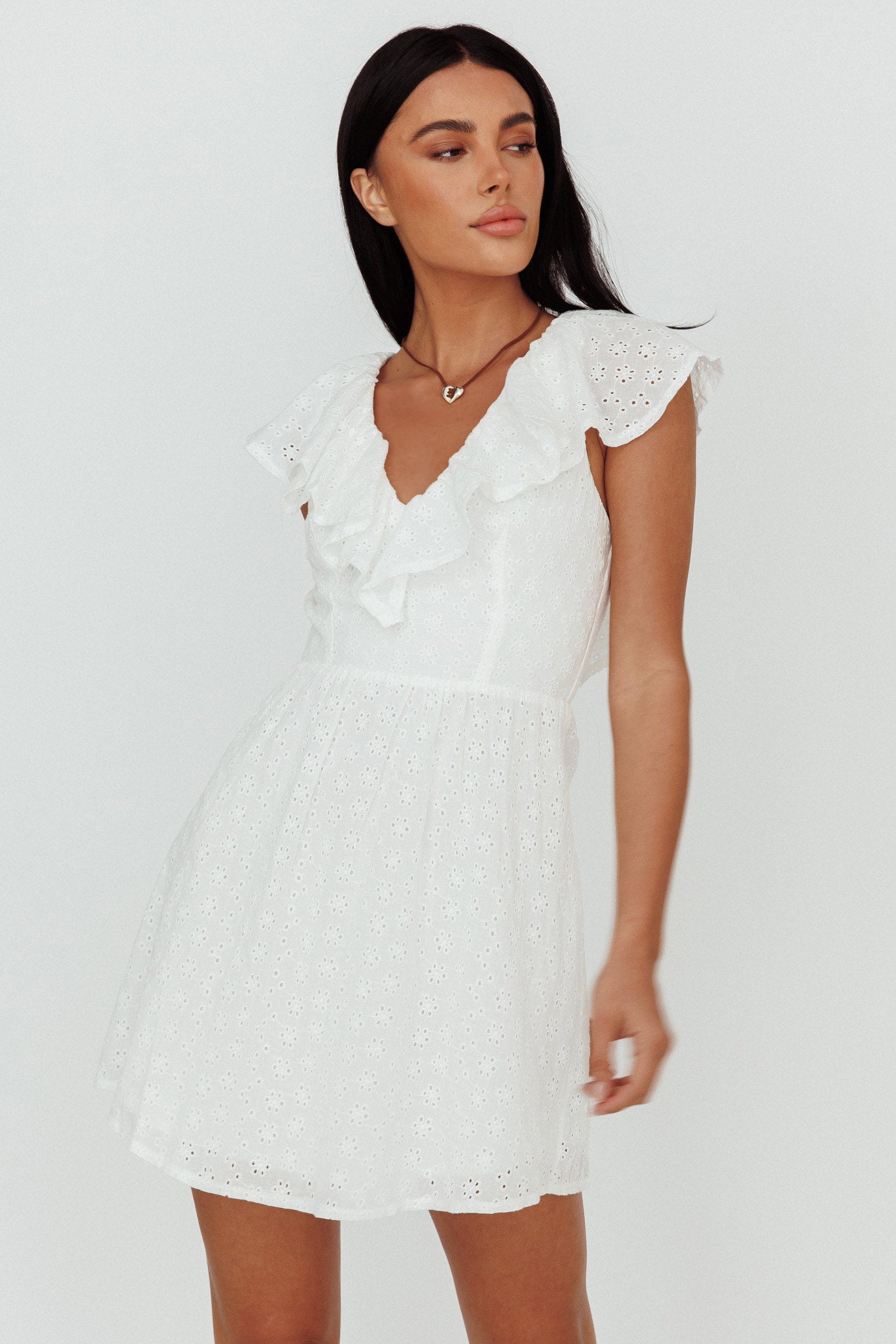 Kiarah Eyelet Ruffle Mini Dress White-Maymioy