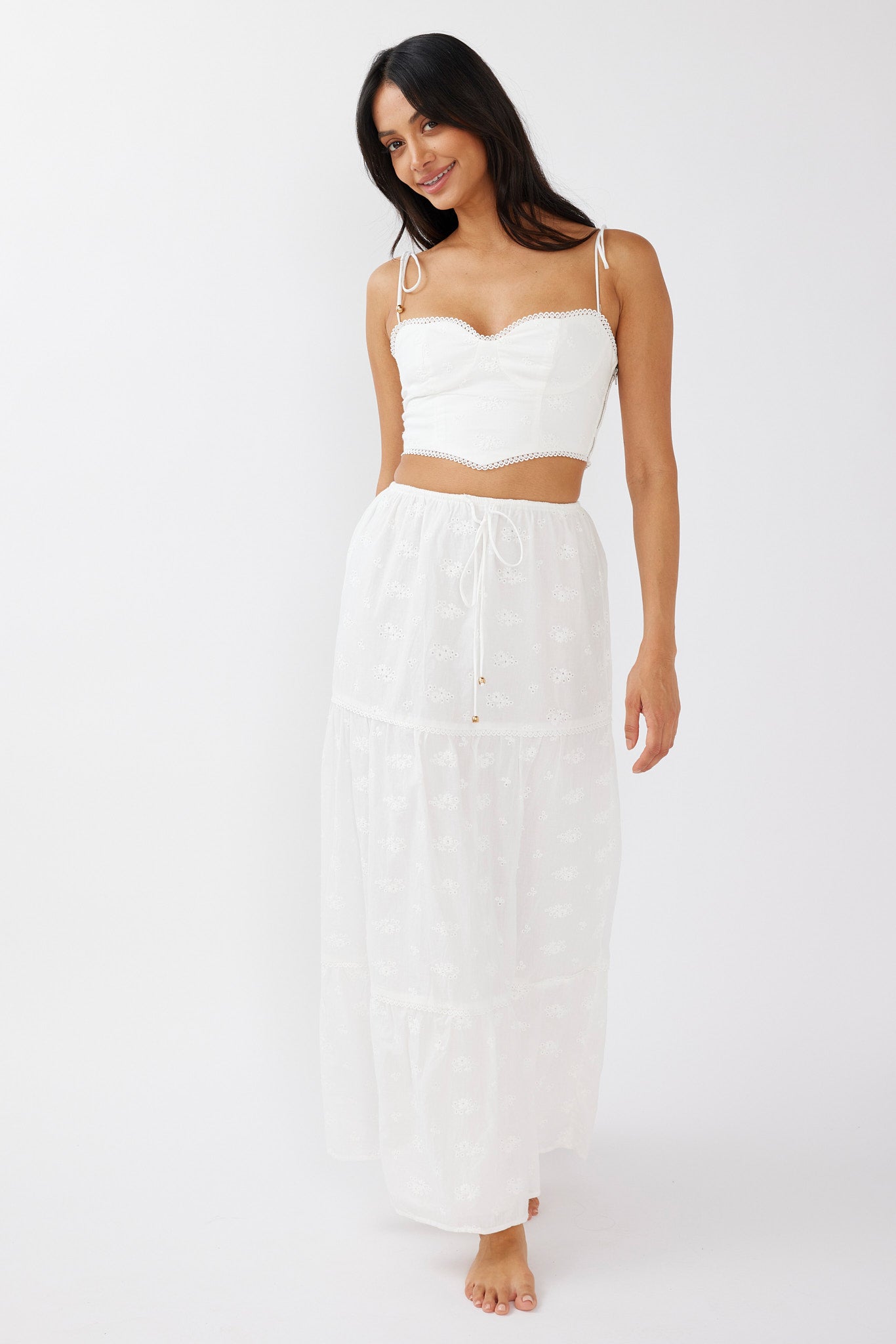 Gracelyn Drawstring Embroidery Maxi Skirt White-Maymioy