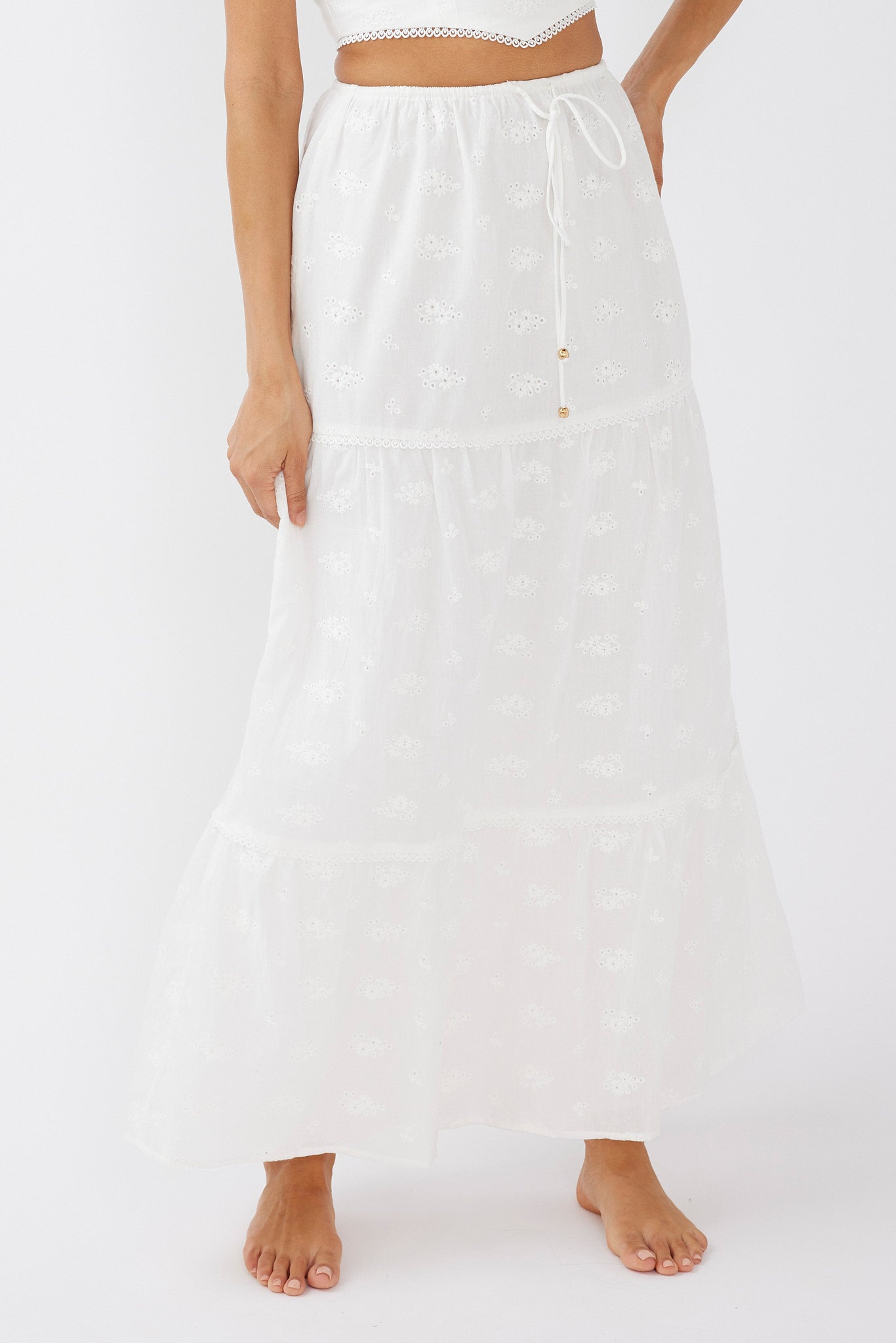Gracelyn Drawstring Embroidery Maxi Skirt White-Maymioy