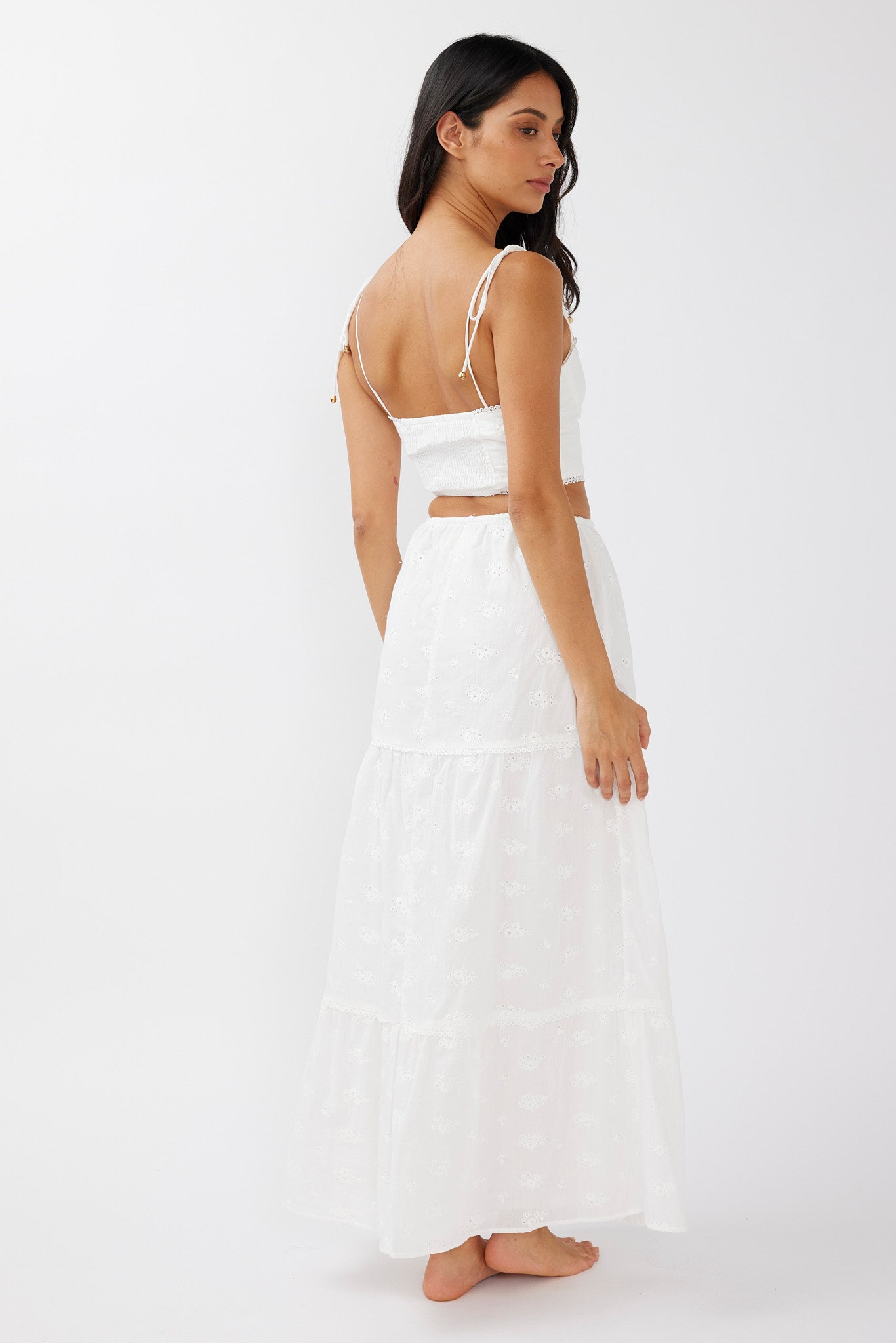 Gracelyn Drawstring Embroidery Maxi Skirt White-Maymioy