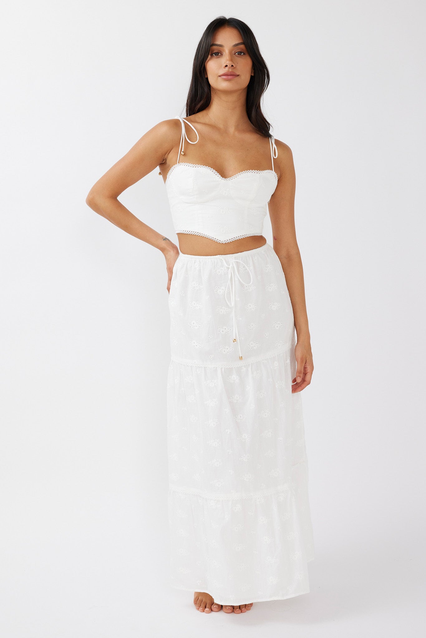 Gracelyn Drawstring Embroidery Maxi Skirt White-Maymioy