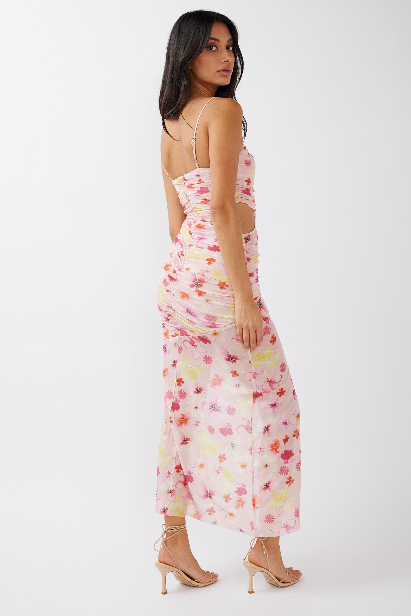 Kindred Soul Ruched Mesh Midi Dress Floral Pink-Maymioy