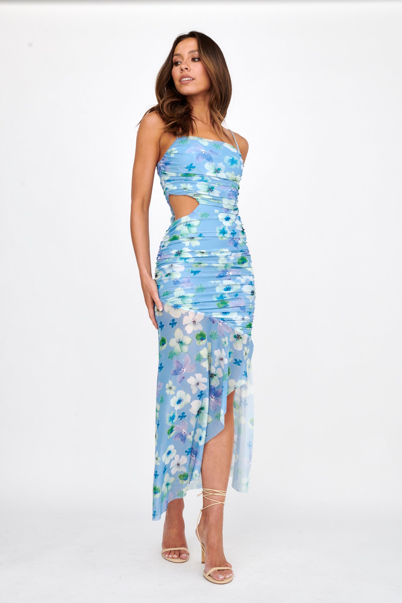 Kindred Soul Ruched Mesh Midi Dress Floral Blue-Maymioy