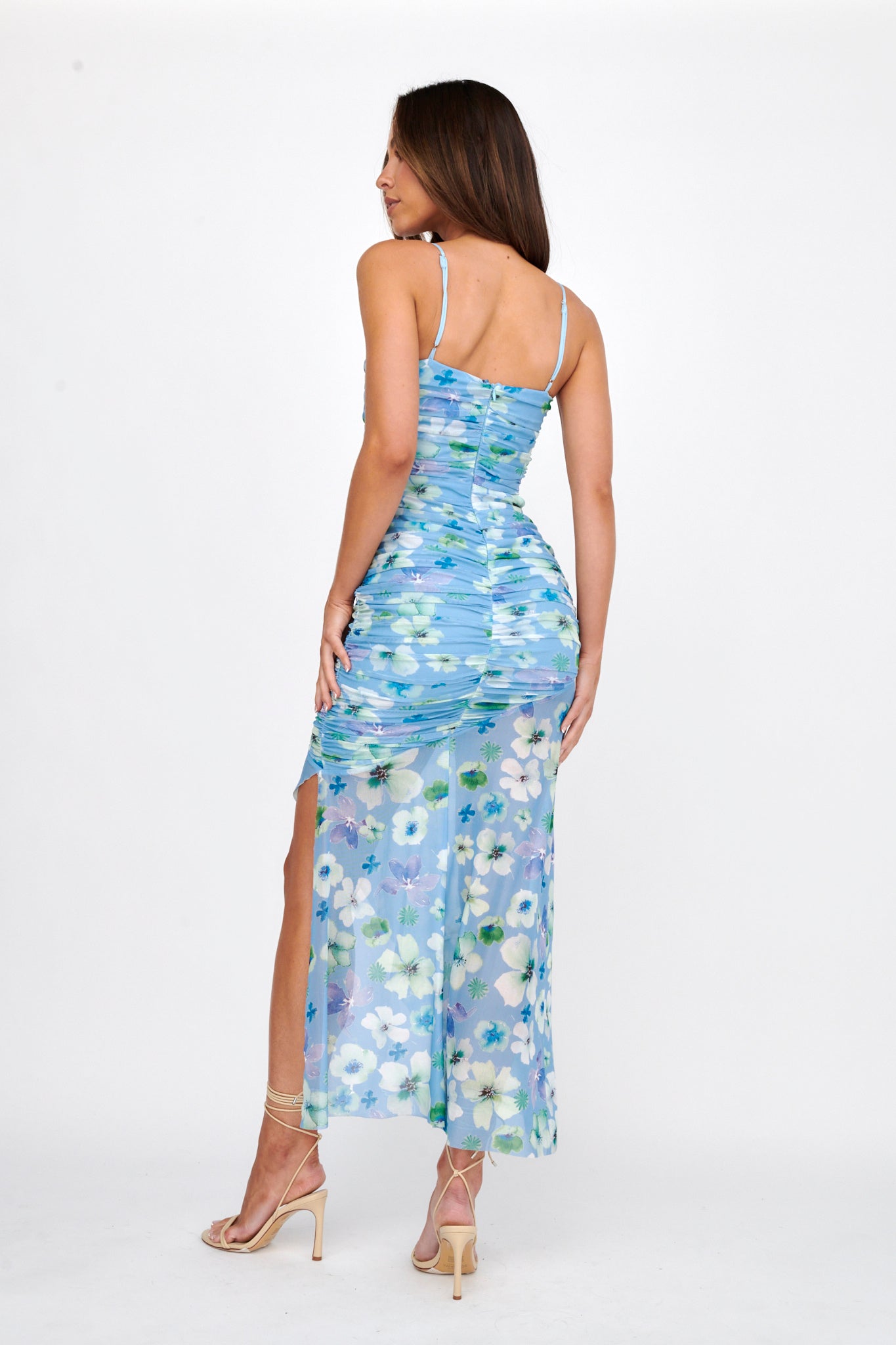 Kindred Soul Ruched Mesh Midi Dress Floral Blue-Maymioy