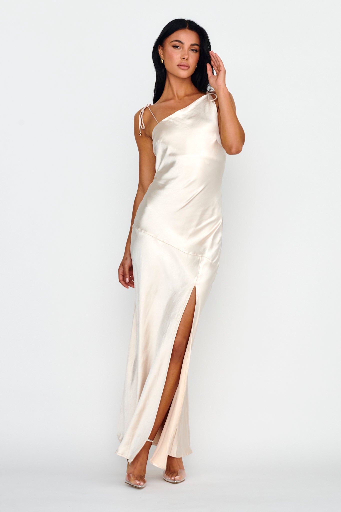 Heart's Desire String-Tie Shoulder Dress Champagne-Maymioy