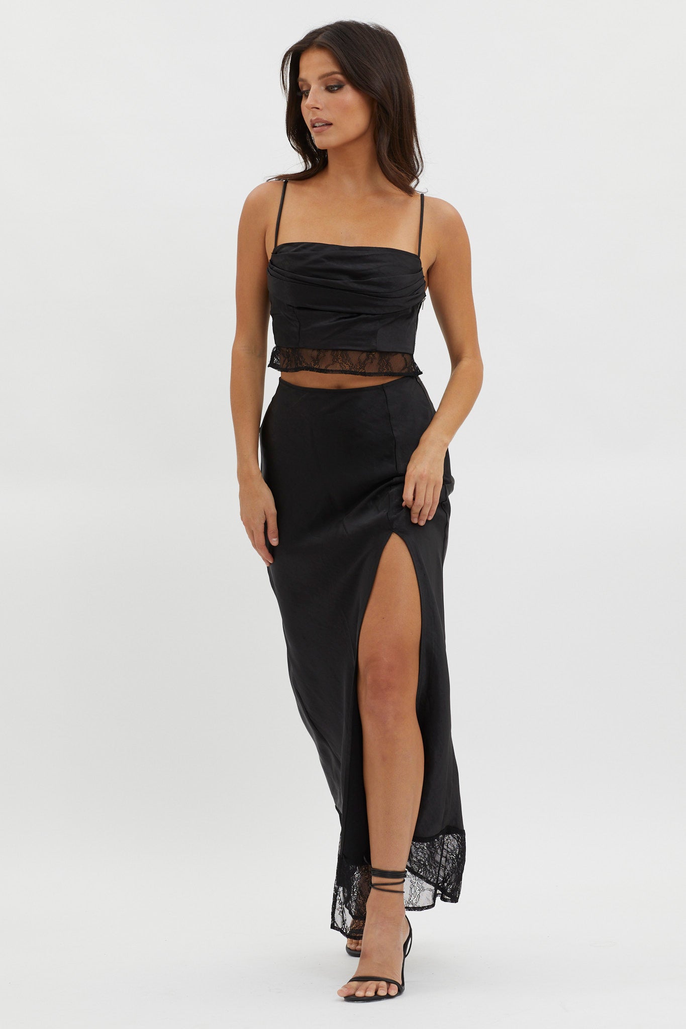 For The Moment Lace Trim Maxi Skirt Black-Maymioy