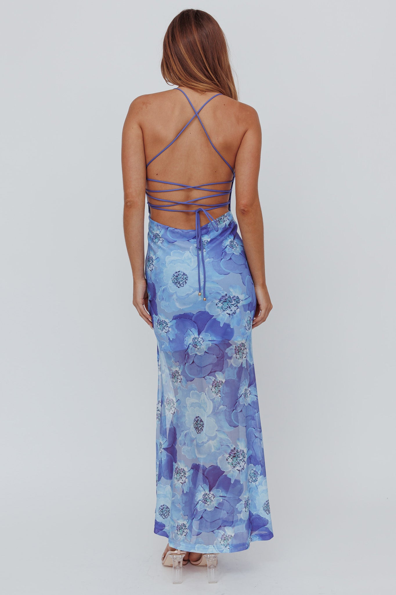 Osaka Sun Lace-Up Back Mesh Dress Blue-Maymioy