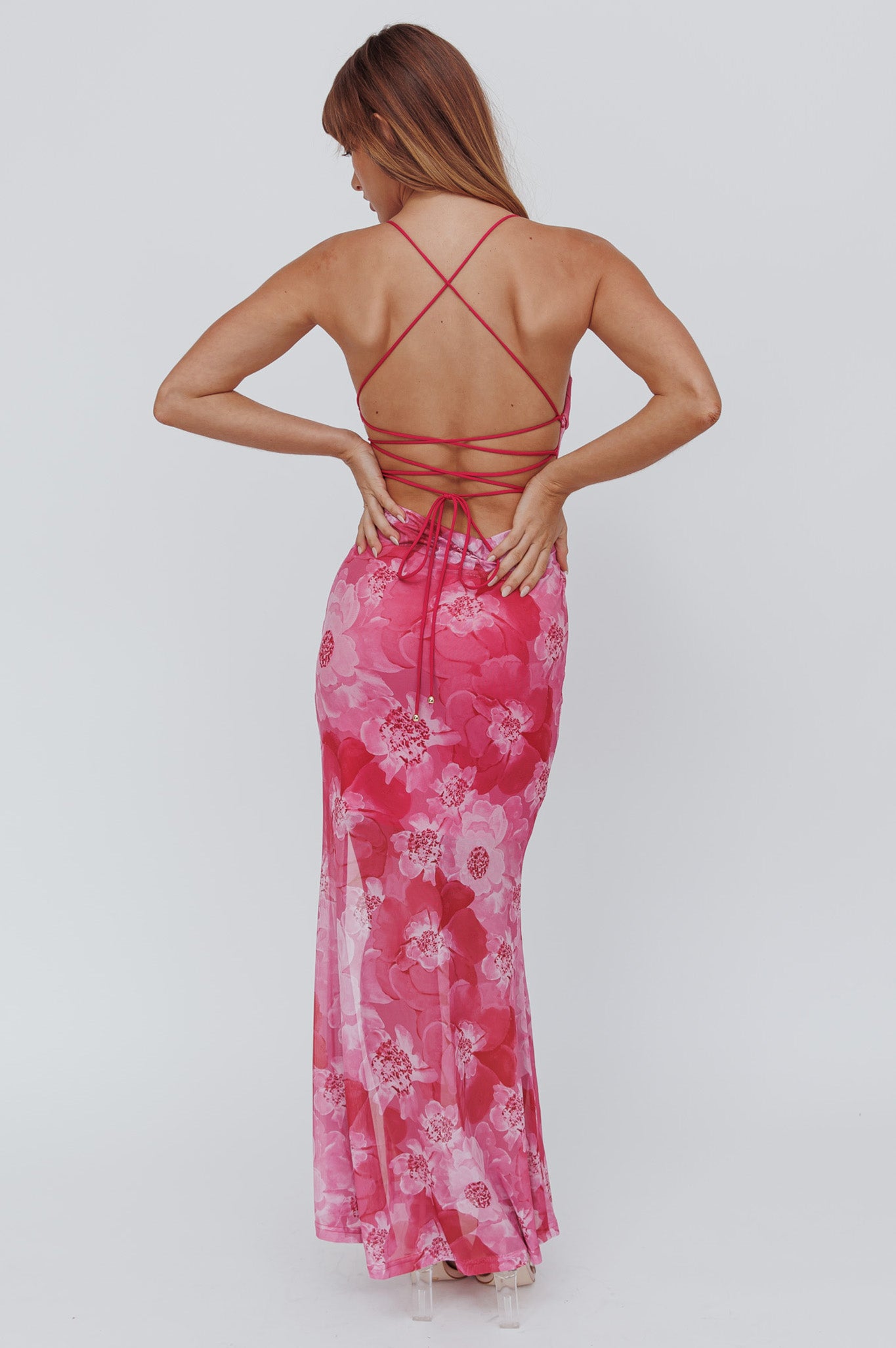 Osaka Sun Lace-Up Back Mesh Dress Pink-Maymioy