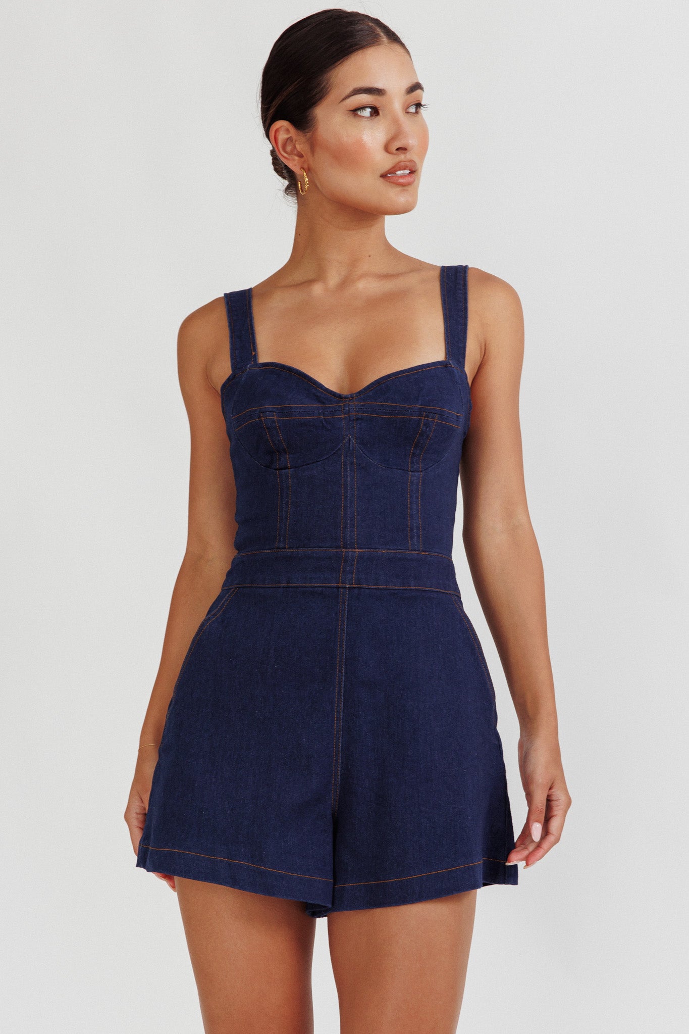 Tease Me Sweetheart Neckline Denim Romper Indigo-Maymioy
