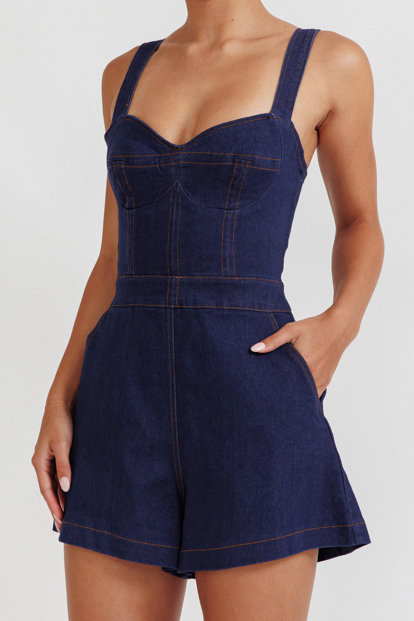 Tease Me Sweetheart Neckline Denim Romper Indigo-Maymioy
