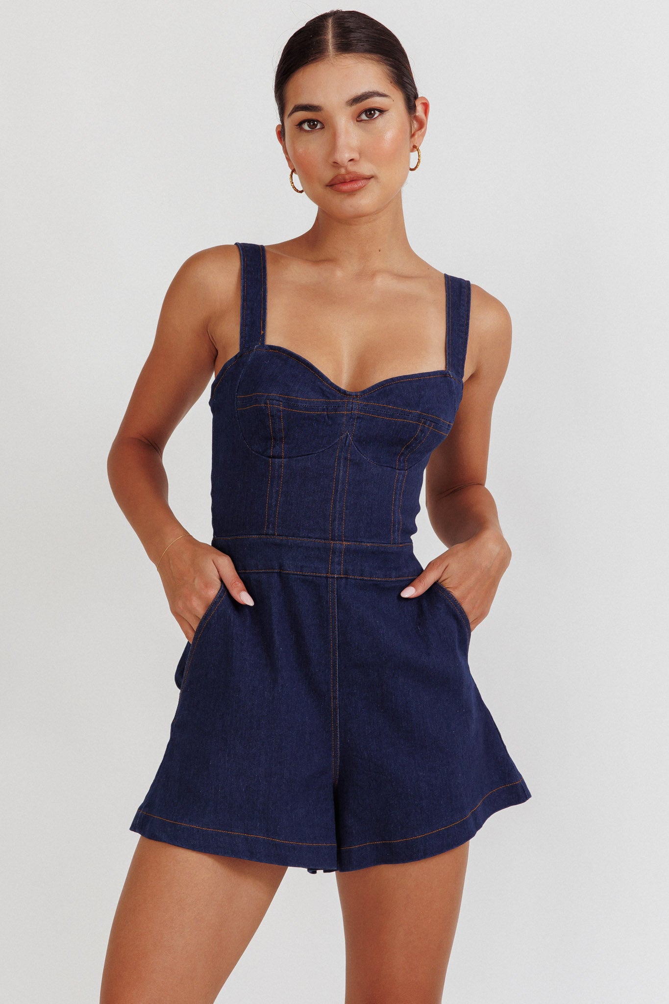 Tease Me Sweetheart Neckline Denim Romper Indigo-Maymioy