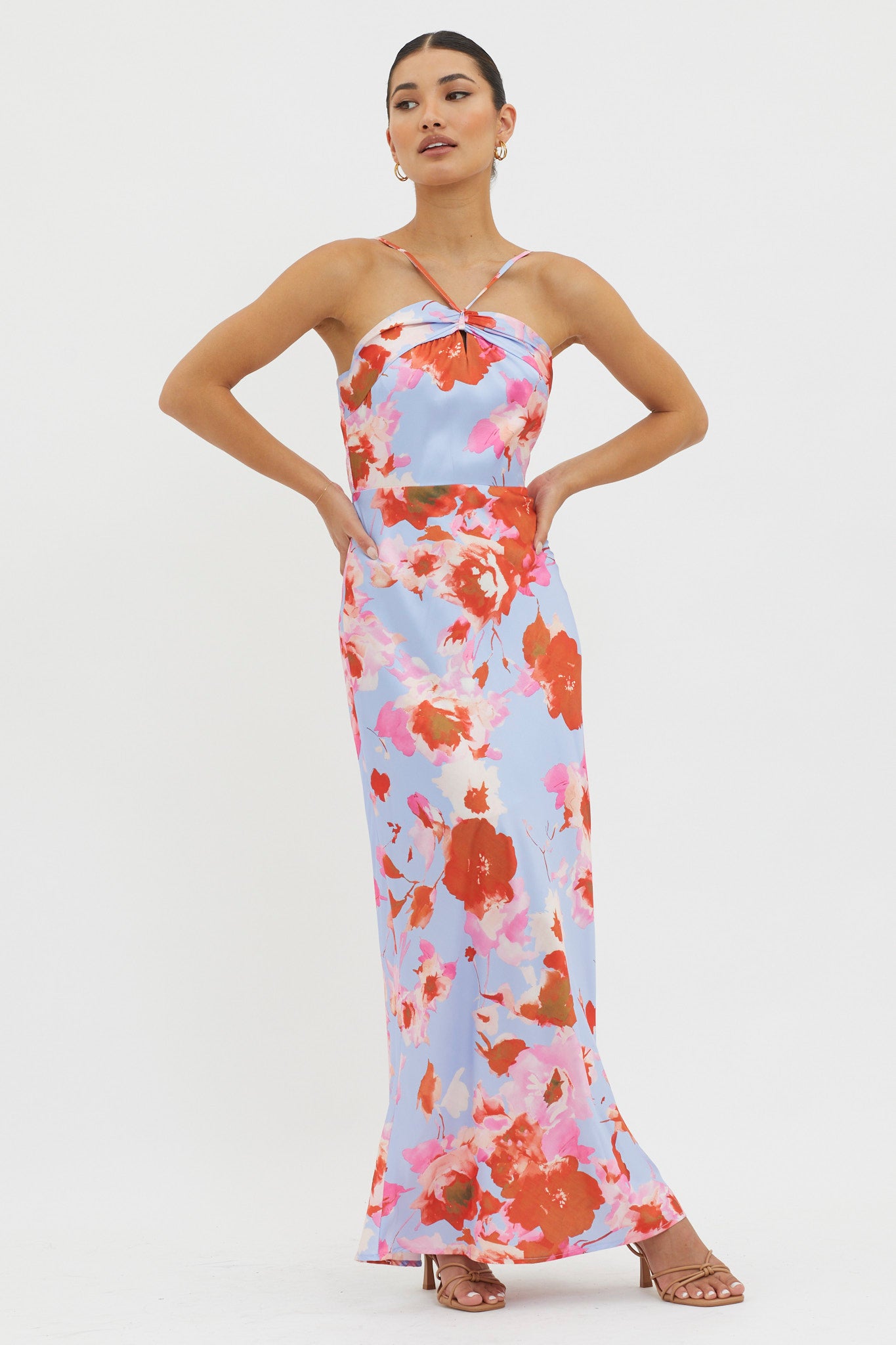 Carter Foldover Neckline Maxi Dress Blue Pink-Maymioy