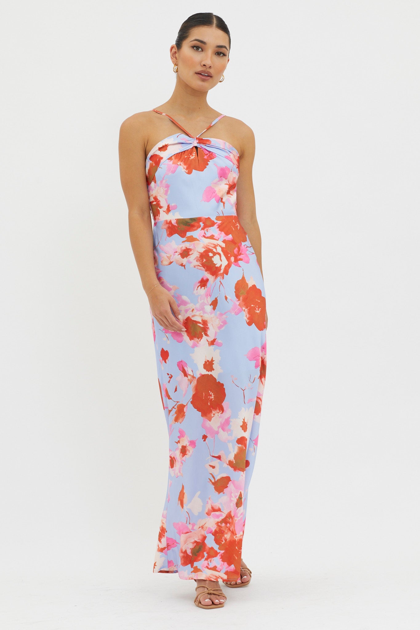 Carter Foldover Neckline Maxi Dress Blue Pink-Maymioy