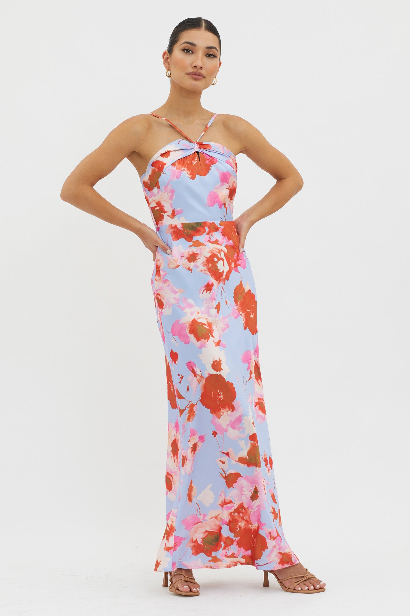 Carter Foldover Neckline Maxi Dress Blue Pink-Maymioy