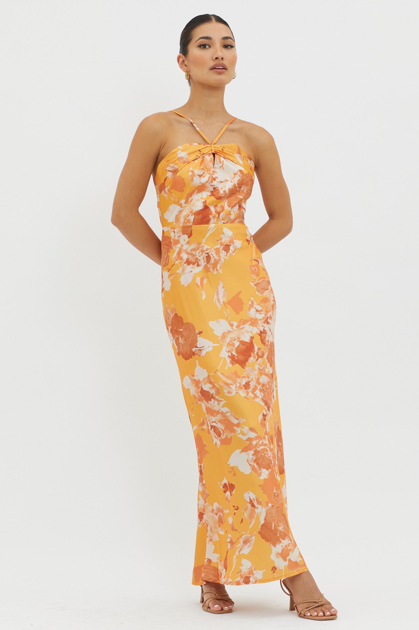 Carter Foldover Neckline Maxi Dress Orange Yellow-Maymioy