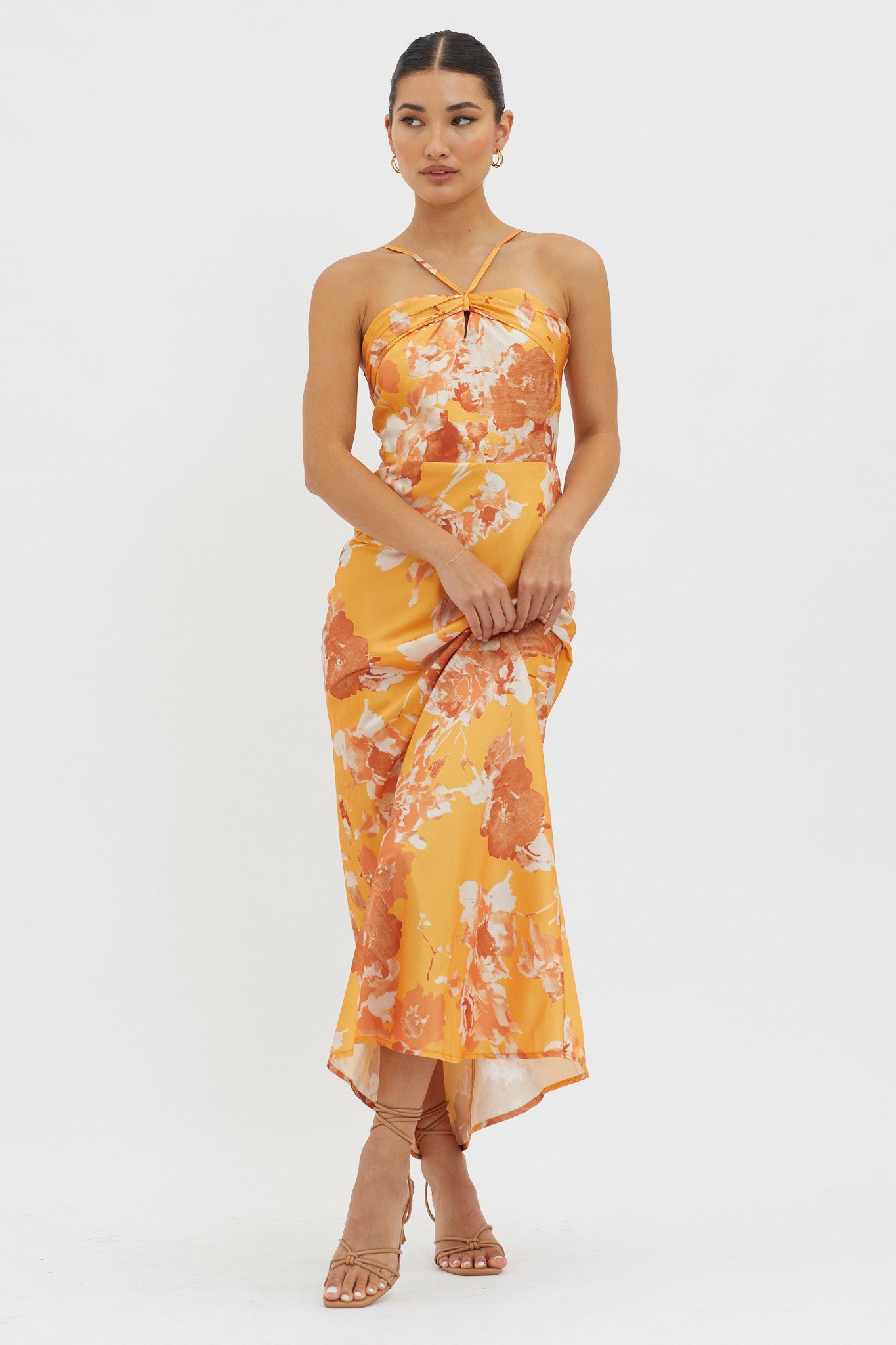 Carter Foldover Neckline Maxi Dress Orange Yellow-Maymioy
