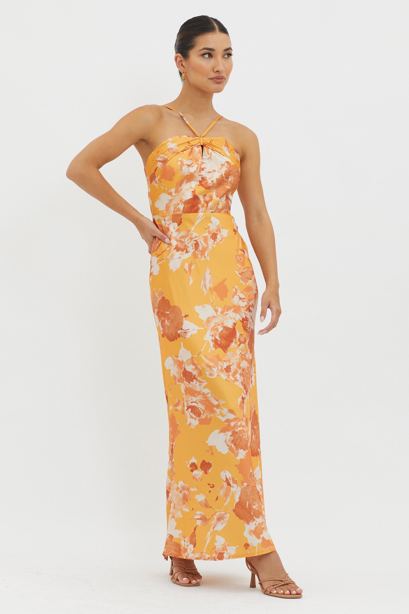 Carter Foldover Neckline Maxi Dress Orange Yellow-Maymioy