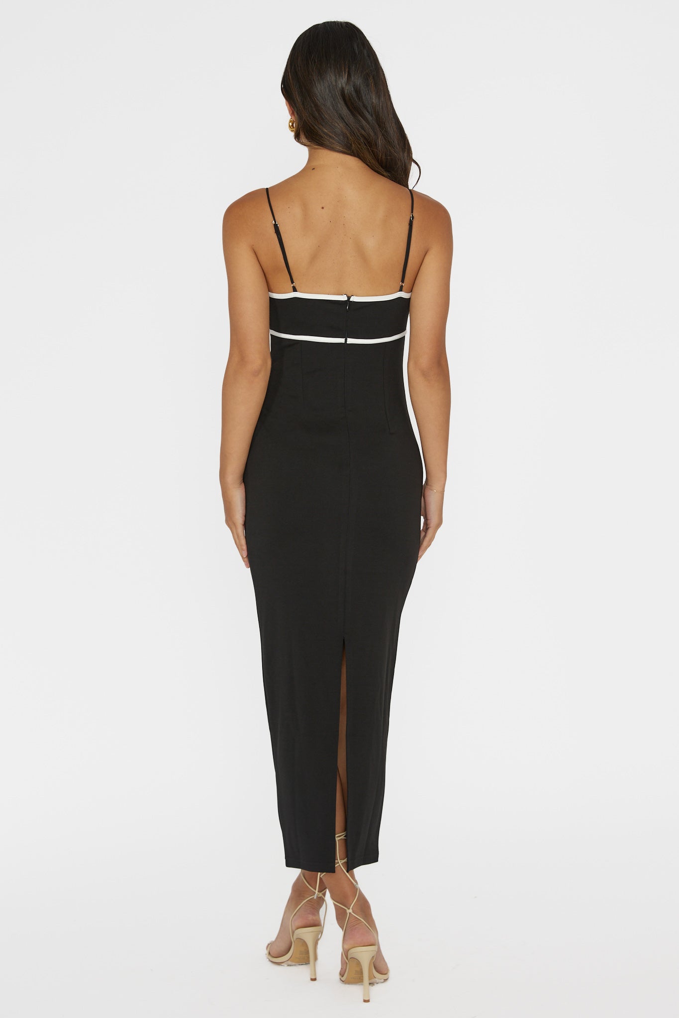 Justyna Contrast Piping Trim Midi Dress Black-Maymioy