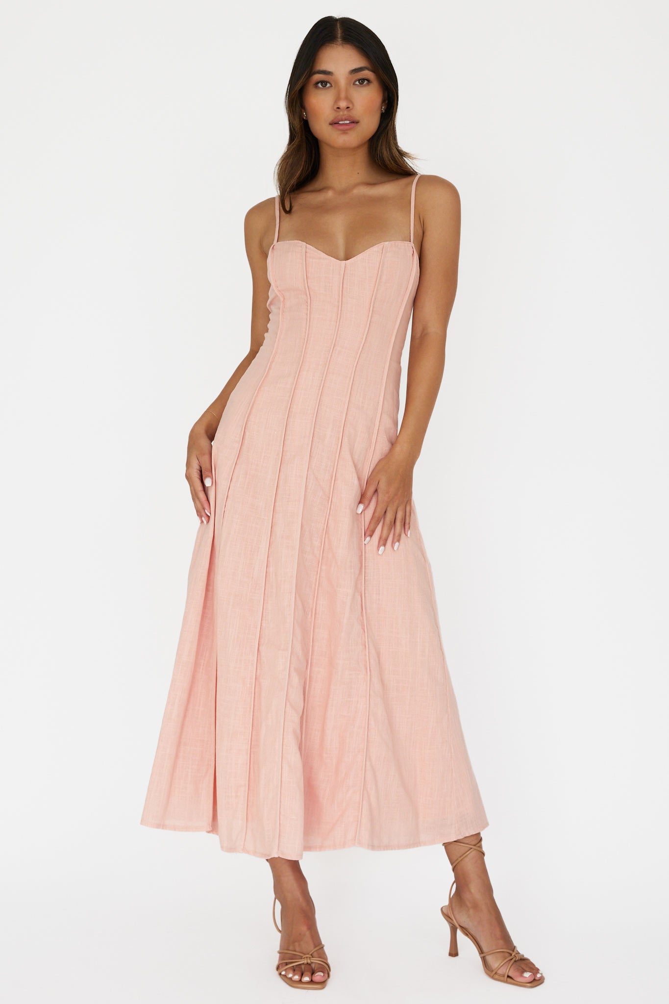 Vacay Pintuck Pleat Midi Dress Pink-Maymioy