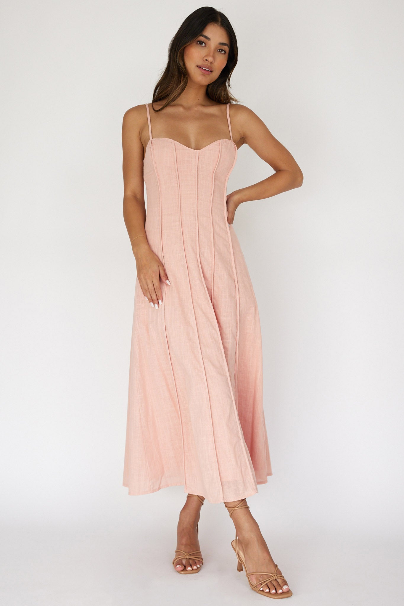 Vacay Pintuck Pleat Midi Dress Pink-Maymioy