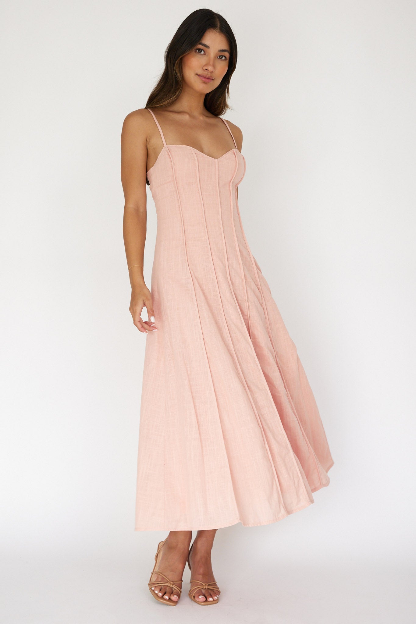Vacay Pintuck Pleat Midi Dress Pink-Maymioy