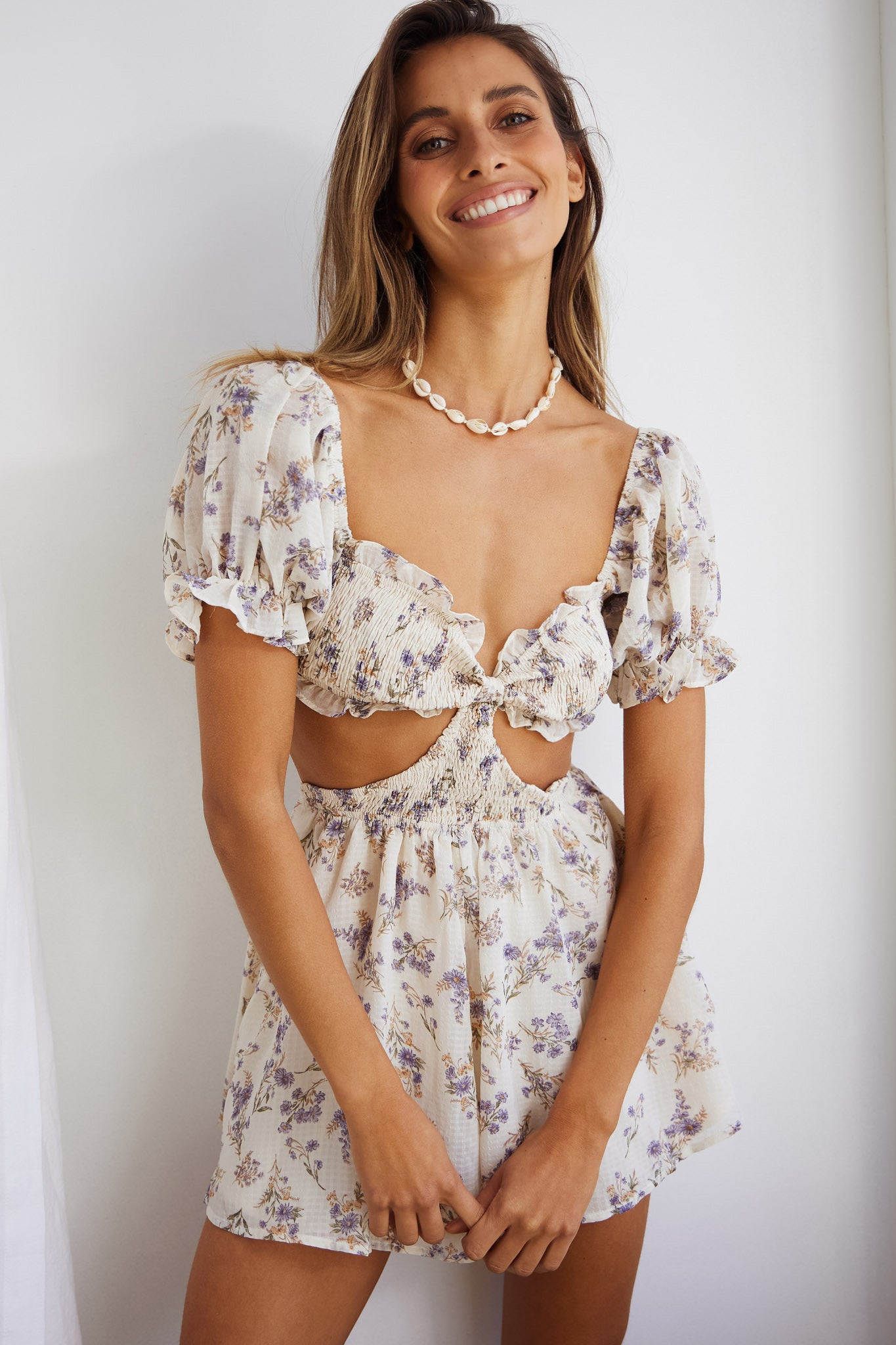 Ines Shirred Puff Sleeve Buckle Back Romper Floral Print White-Maymioy