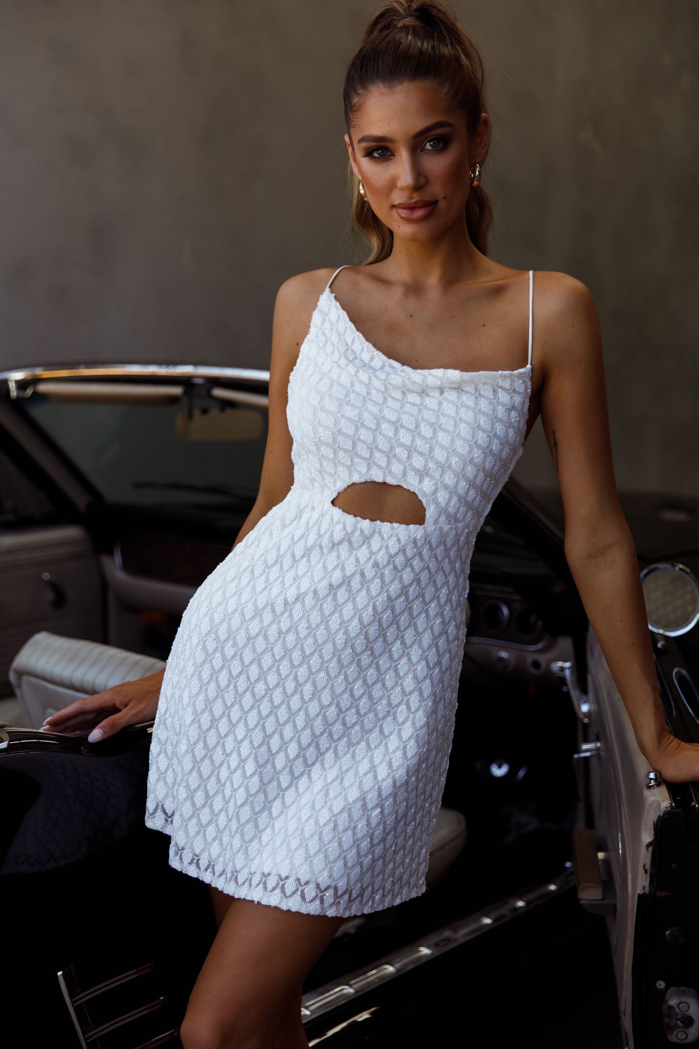 Sicily Asymmetrical Cowl Neckline Tie-Up Back Sequin Mini Dress White-Maymioy