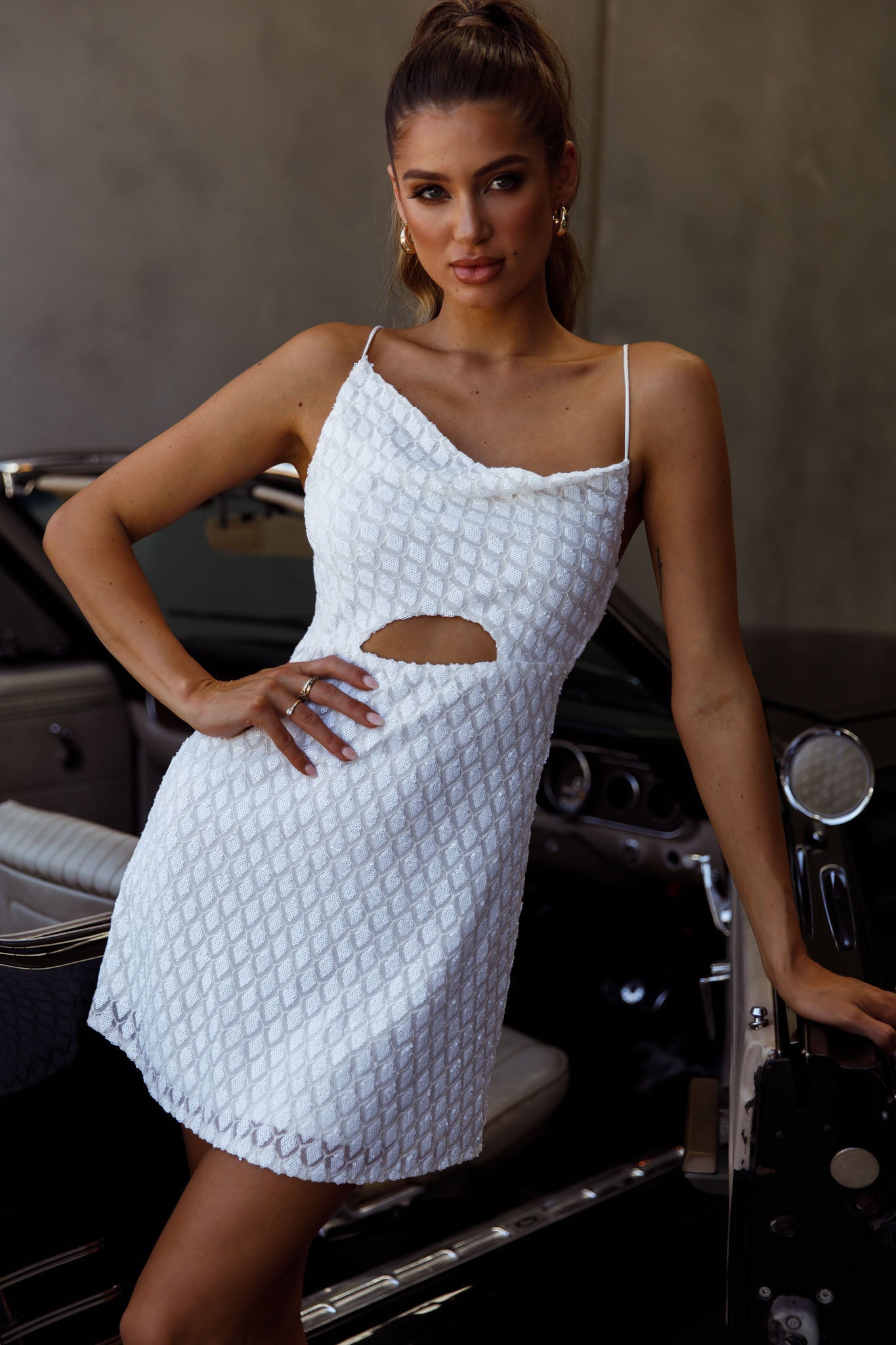 Sicily Asymmetrical Cowl Neckline Tie-Up Back Sequin Mini Dress White-Maymioy