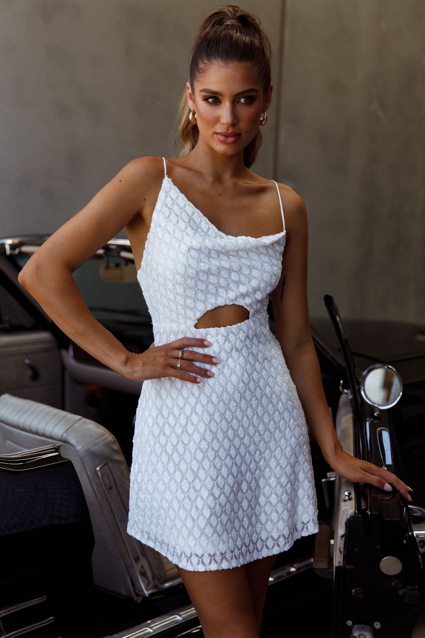 Sicily Asymmetrical Cowl Neckline Tie-Up Back Sequin Mini Dress White-Maymioy