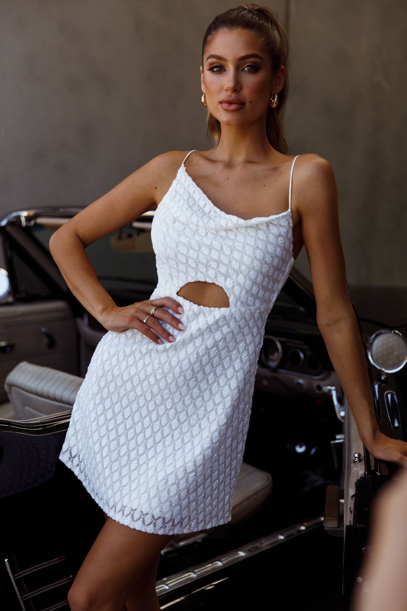 Sicily Asymmetrical Cowl Neckline Tie-Up Back Sequin Mini Dress White-Maymioy