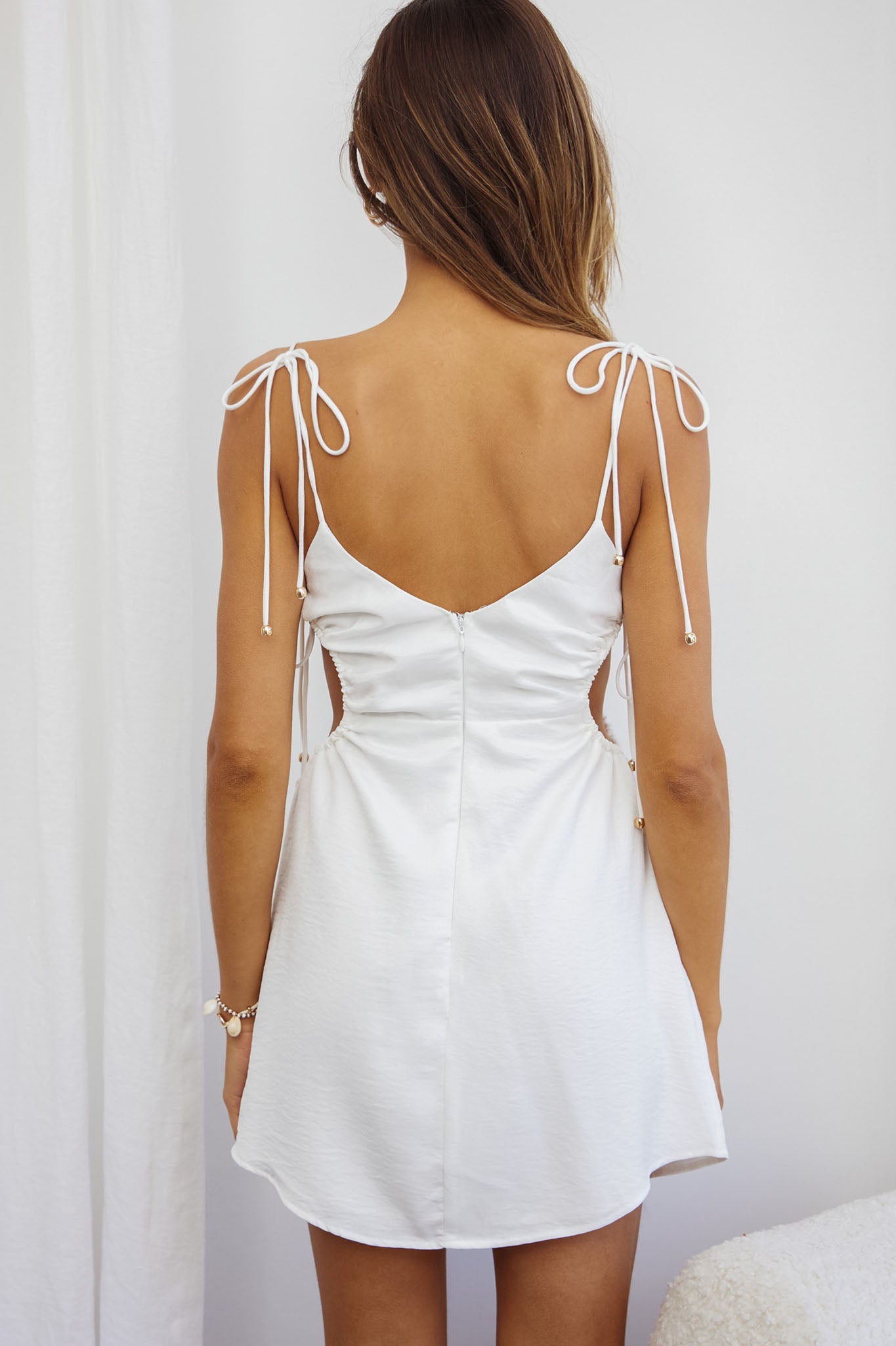 Celia Cut-out Drawstring Mini Dress White-Maymioy
