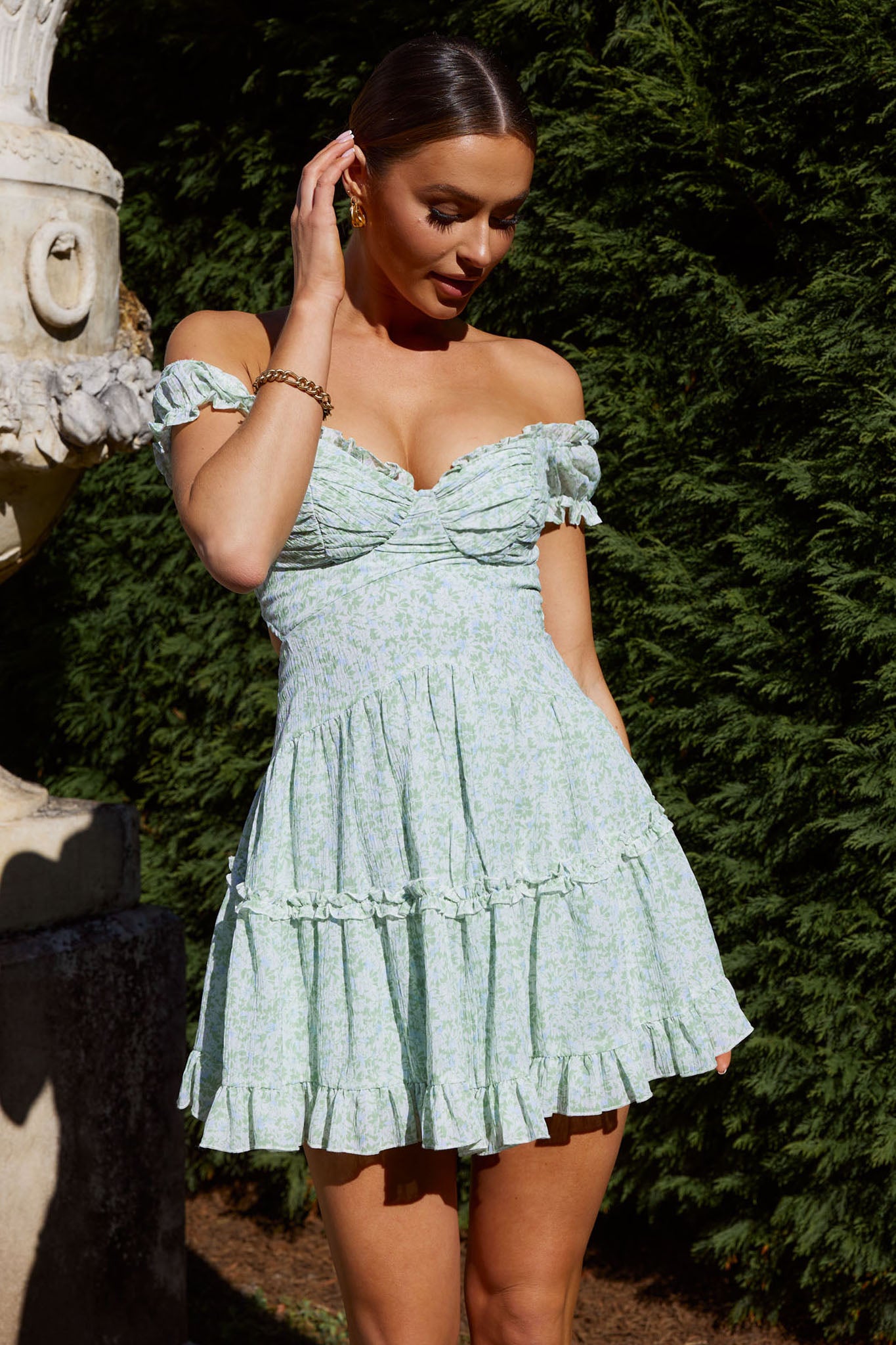 Run The World Off-Shoulder Mini Dress Floral Green-Maymioy