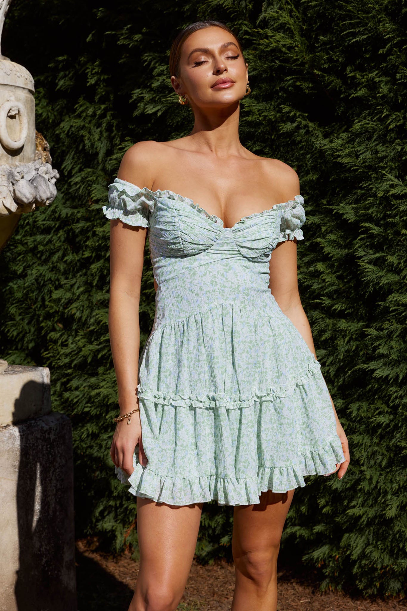 Run The World Off-Shoulder Mini Dress Floral Green-Maymioy