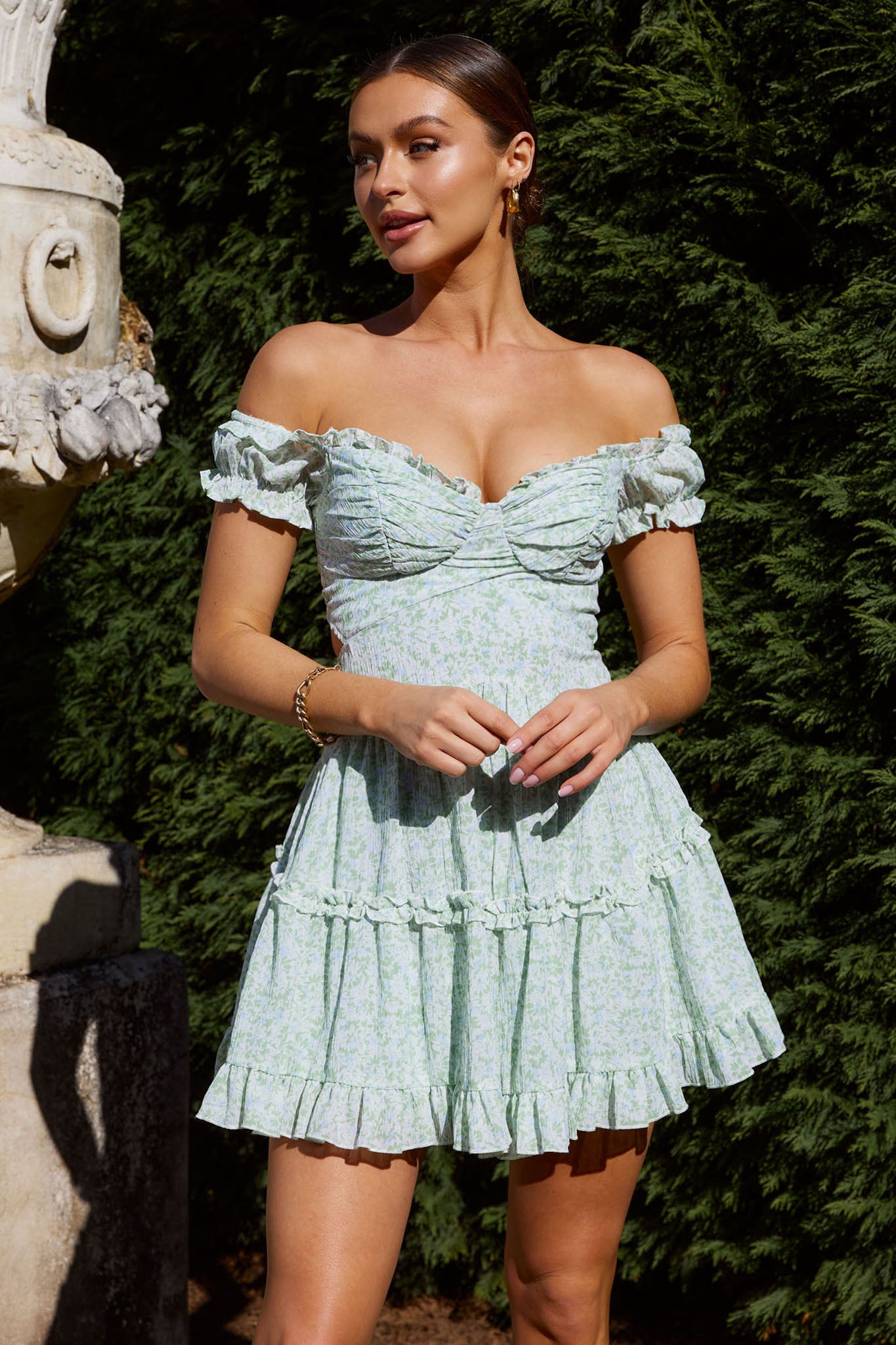 Run The World Off-Shoulder Mini Dress Floral Green-Maymioy