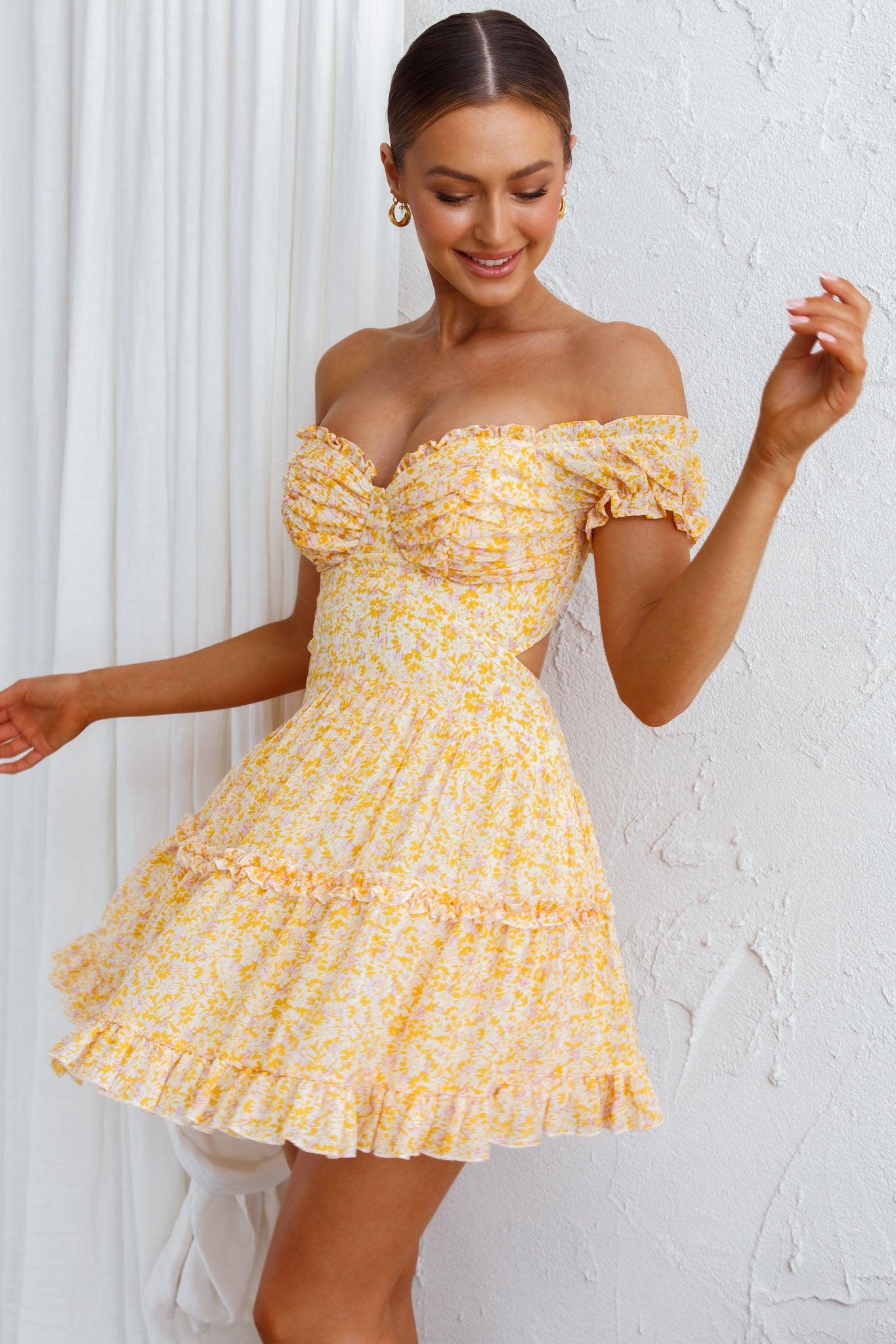 Run The World Off-Shoulder Mini Dress Floral Yellow-Maymioy