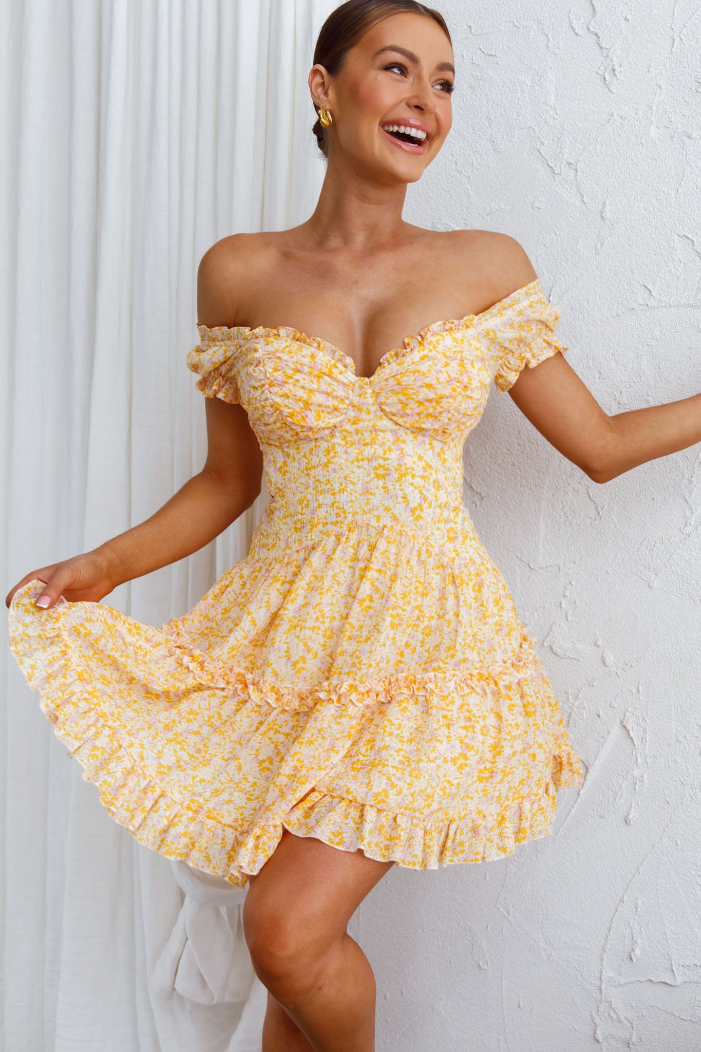 Run The World Off-Shoulder Mini Dress Floral Yellow-Maymioy