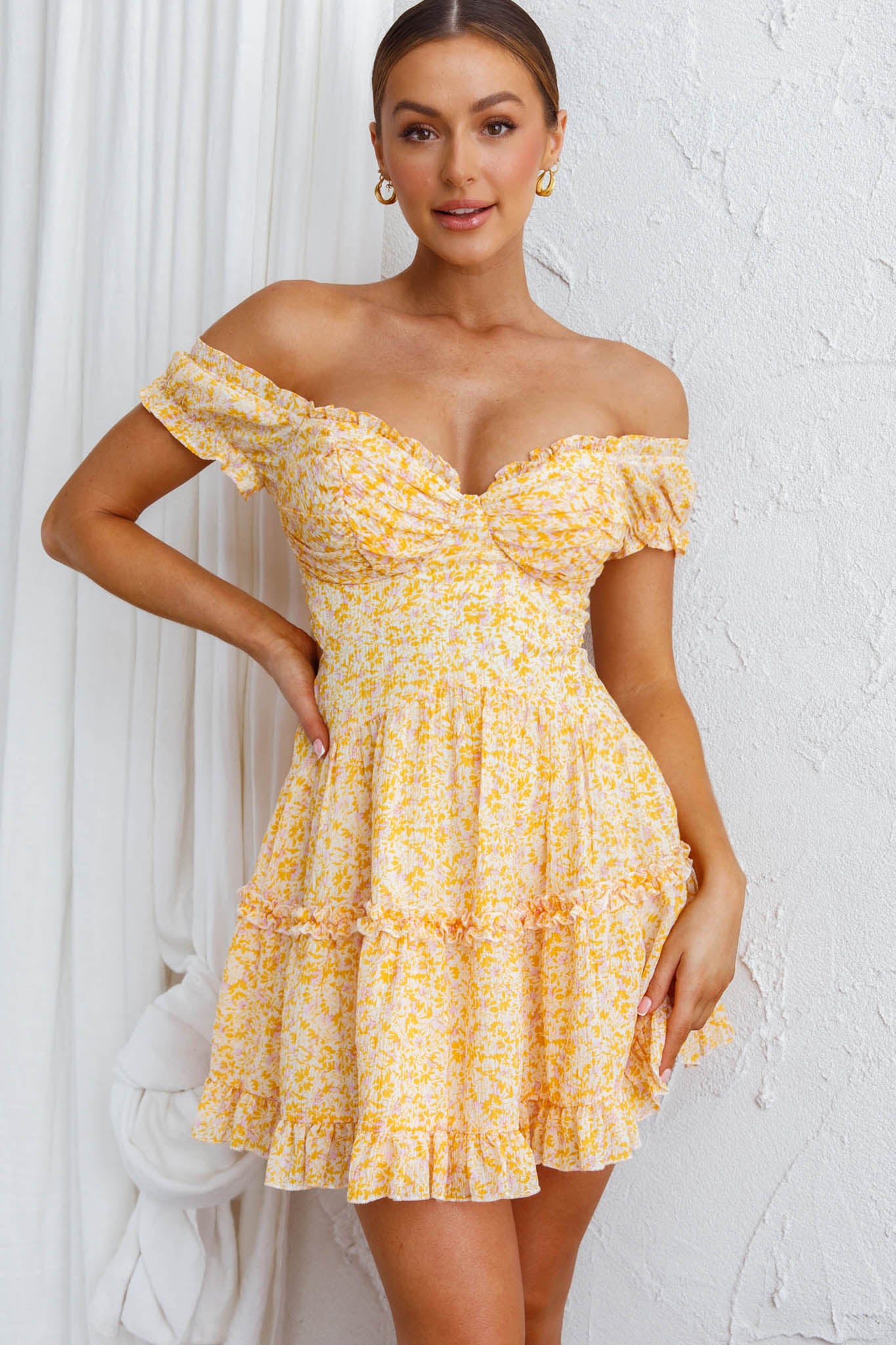 Run The World Off-Shoulder Mini Dress Floral Yellow-Maymioy