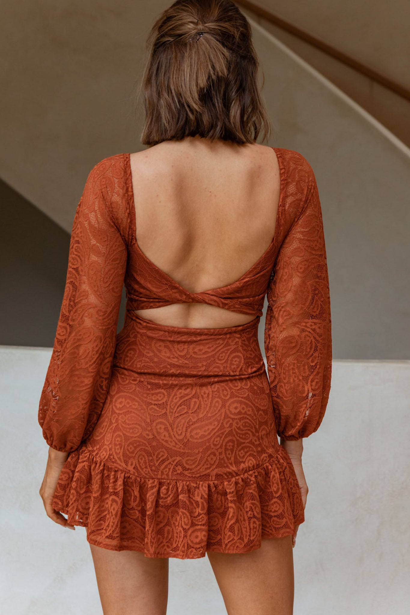 La La Land Twisted Bust & Back Paisley Lace Mini Dress Rust-Maymioy