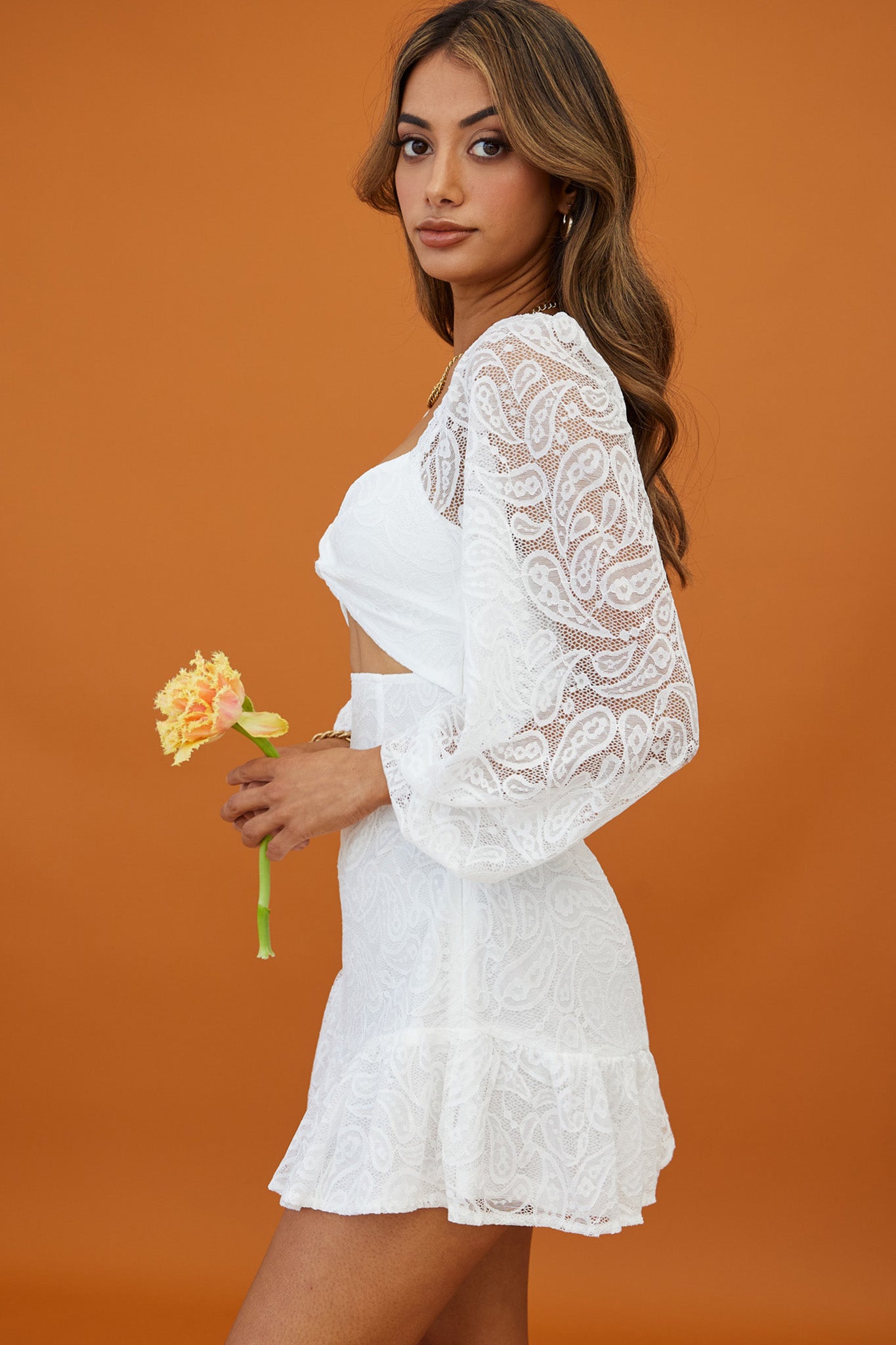 La La Land Twisted Bust & Back Paisley Lace Mini Dress White-Maymioy