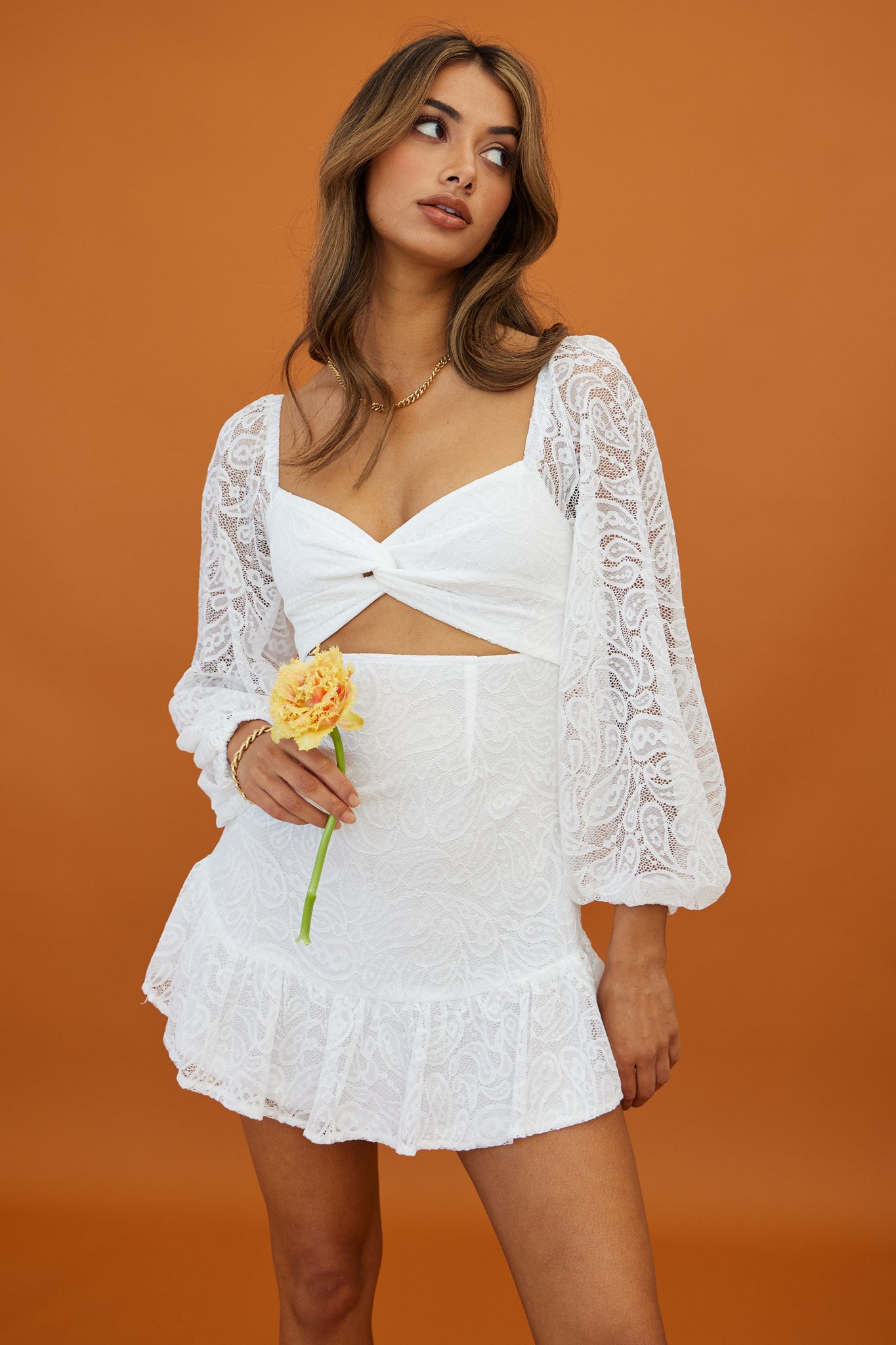 La La Land Twisted Bust & Back Paisley Lace Mini Dress White-Maymioy